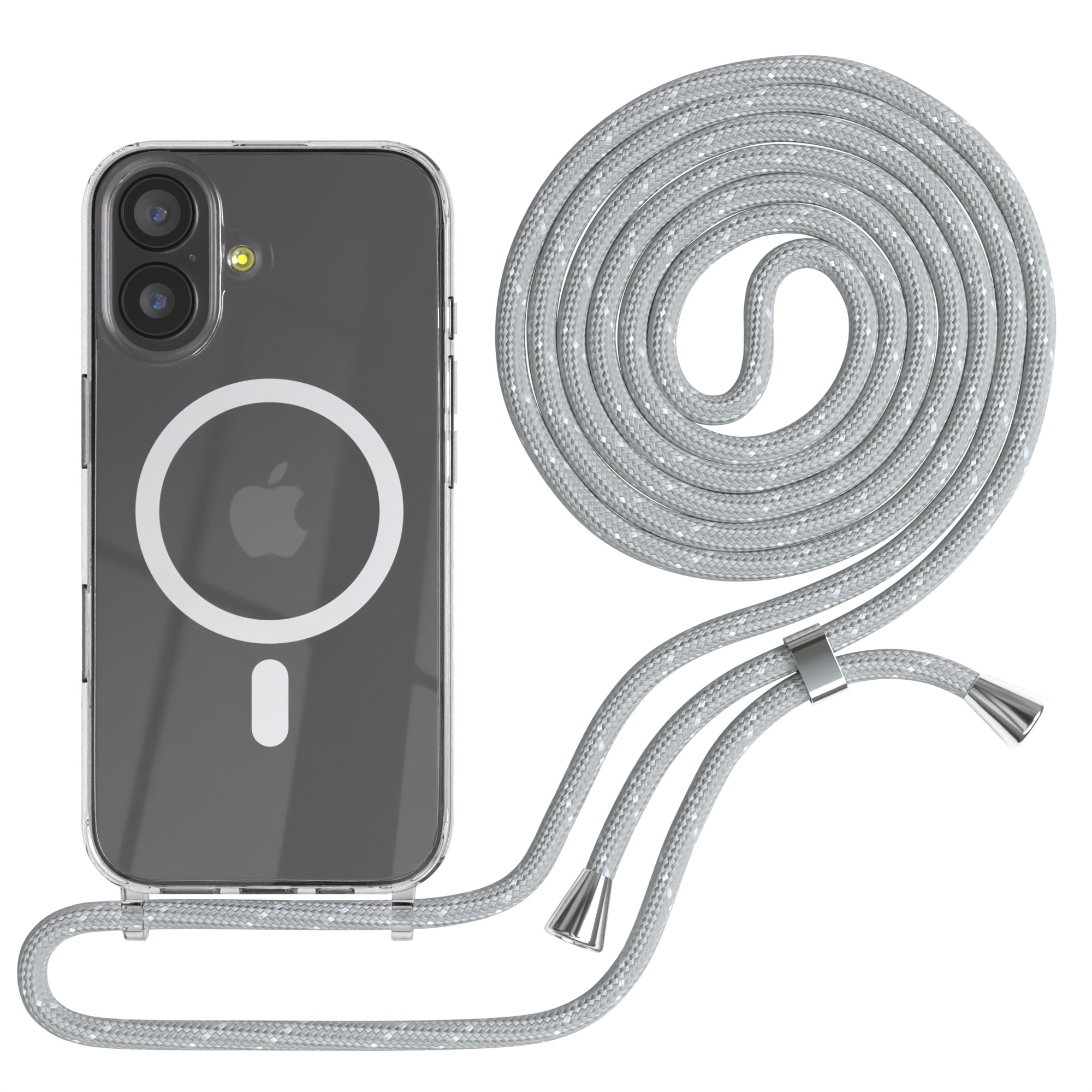 Ein durchsichtiges iPhone-Case mit einem silbernen Lanyard. Das Case hat einen weißen Kreis und ein Apple-Logo. Das Lanyard ist geflochten.