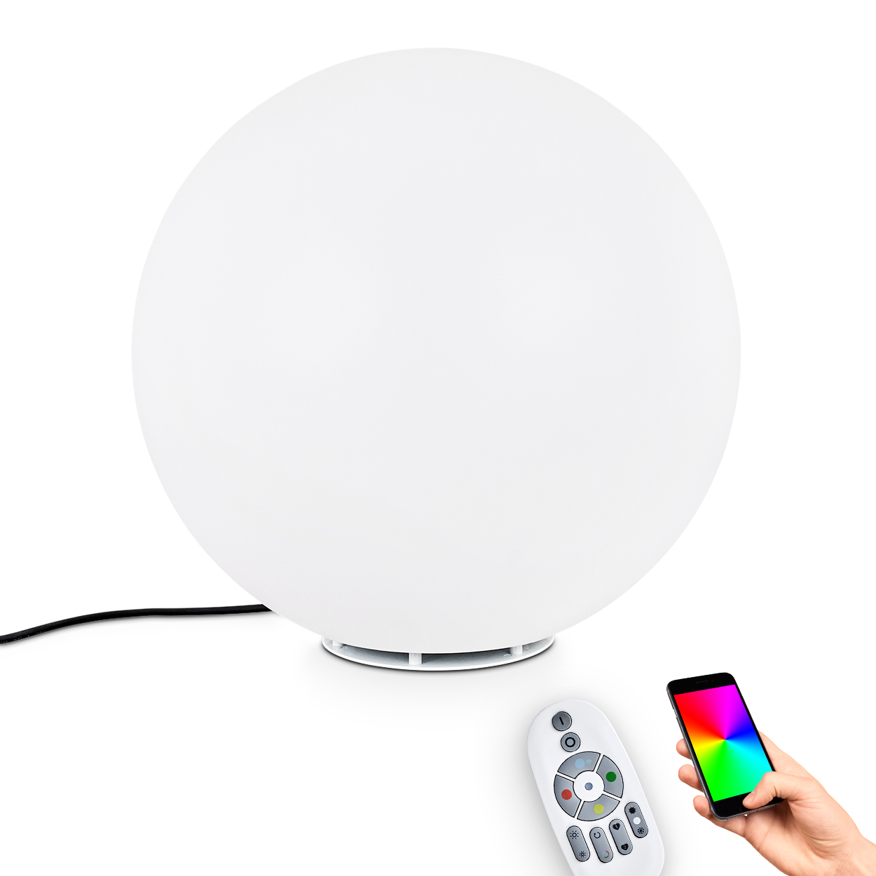 Eine weiße Kugellampe mit Fernbedienung und einem Telefon, das ein Farbspektrum anzeigt.