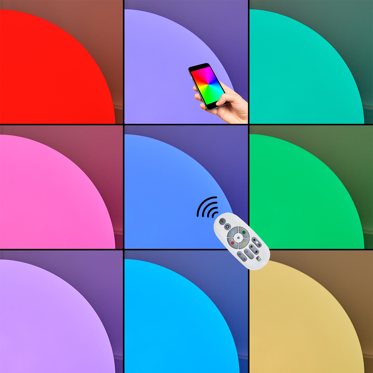 Neun farbige Quadranten. Eine Hand, die ein Telefon mit Regenbogen zeigt, eine Fernbedienung und verschiedene farbige Hintergründe.