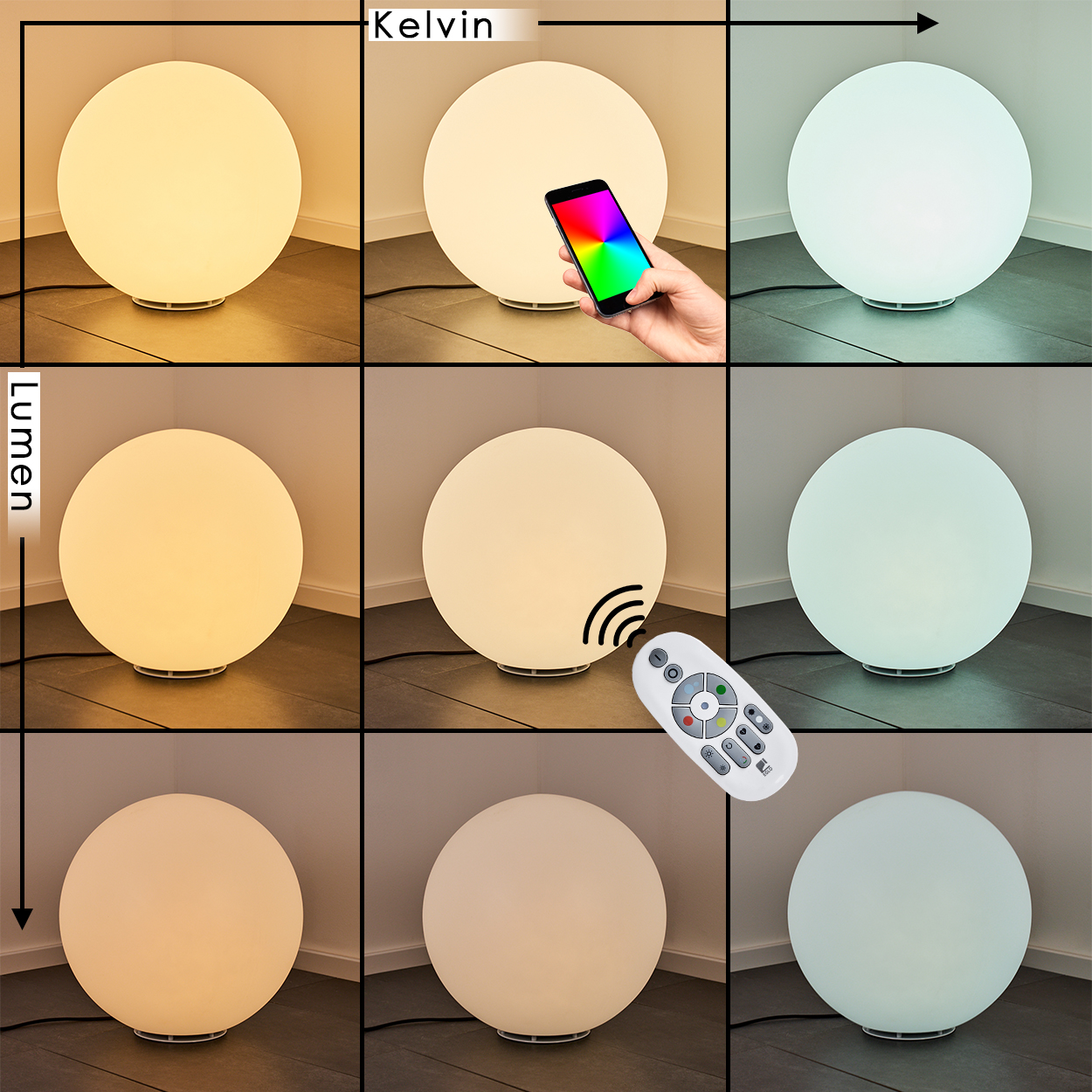 Eine runde Lampe leuchtet in verschiedenen Farben. Gesteuert per Fernbedienung und Telefon. Das Bild zeigt die Farb- und Helligkeitsänderung.