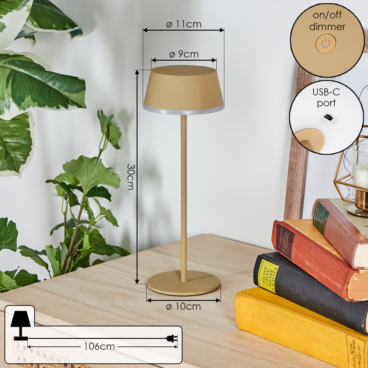 Eine beige Lampe mit Maßen, Bücher und Pflanzen auf einem Holztisch. Details von Dimmer und USB-C-Anschluss sichtbar.