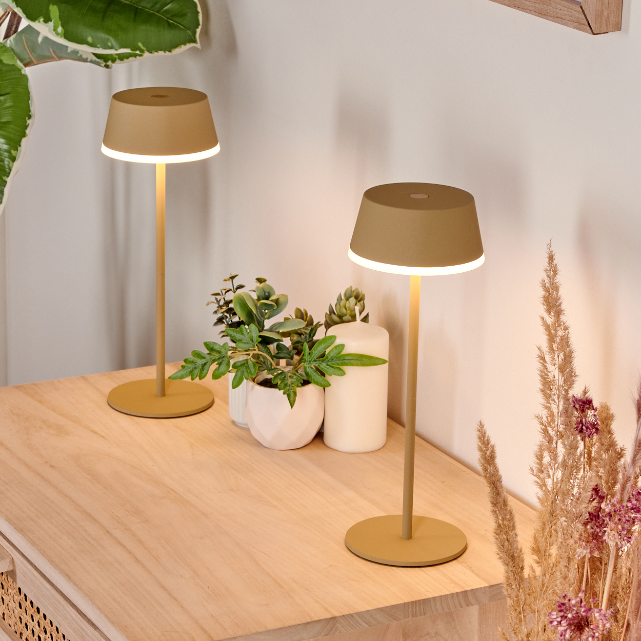 Zwei Lampen auf Holzoberfläche, mit Pflanzen und einer Kerze. Beige Lampenschirme, grüne Pflanzen in weißen Töpfen und Trockenblumen rechts.