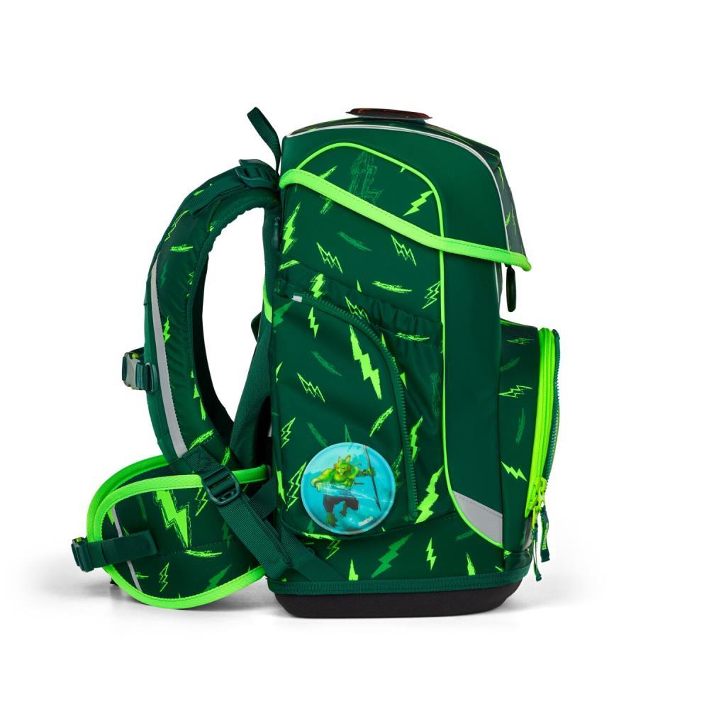 Grüner Rucksack mit Blitzmuster, einer Cartoonfigur und reflektierenden Streifen. Er hat mehrere Fächer und einen schwarzen Boden.