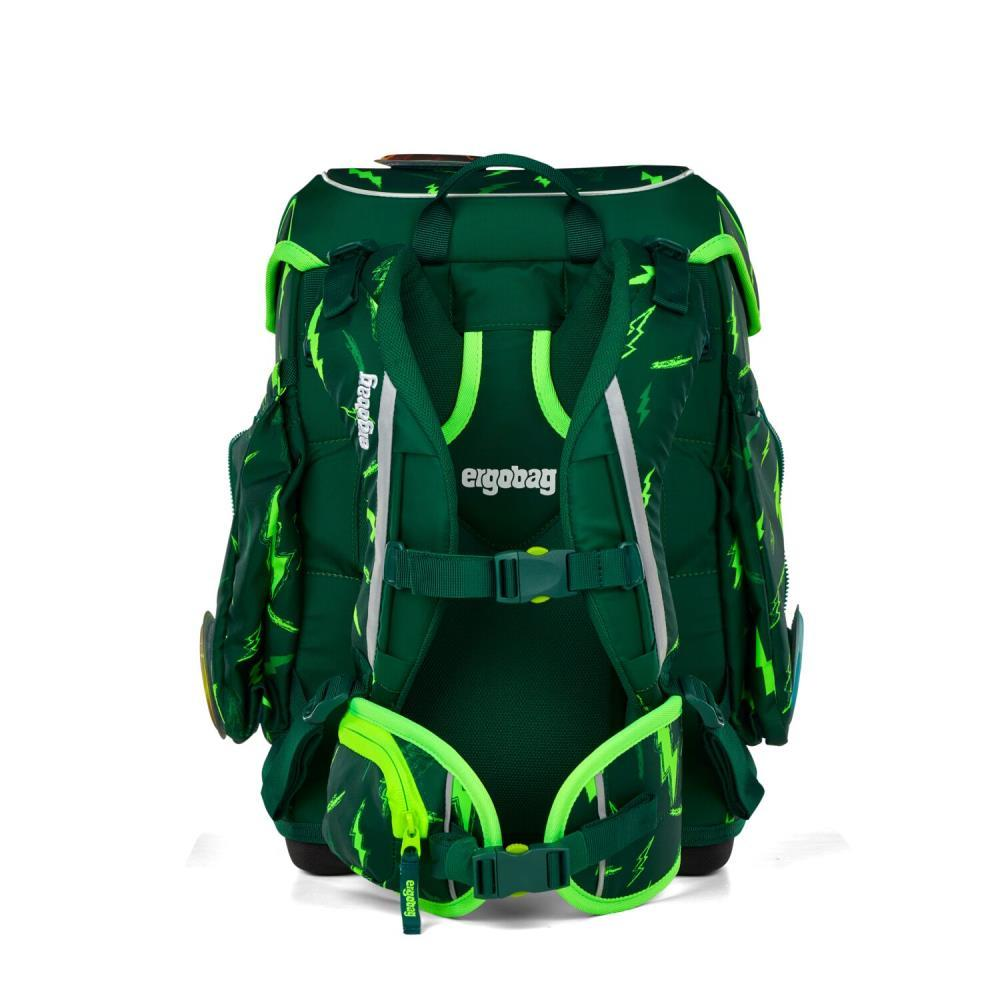 Ein grüner Ergobag-Rucksack mit Blitzmuster. Er hat mehrere Fächer, verstellbare Träger und einen Griff oben.