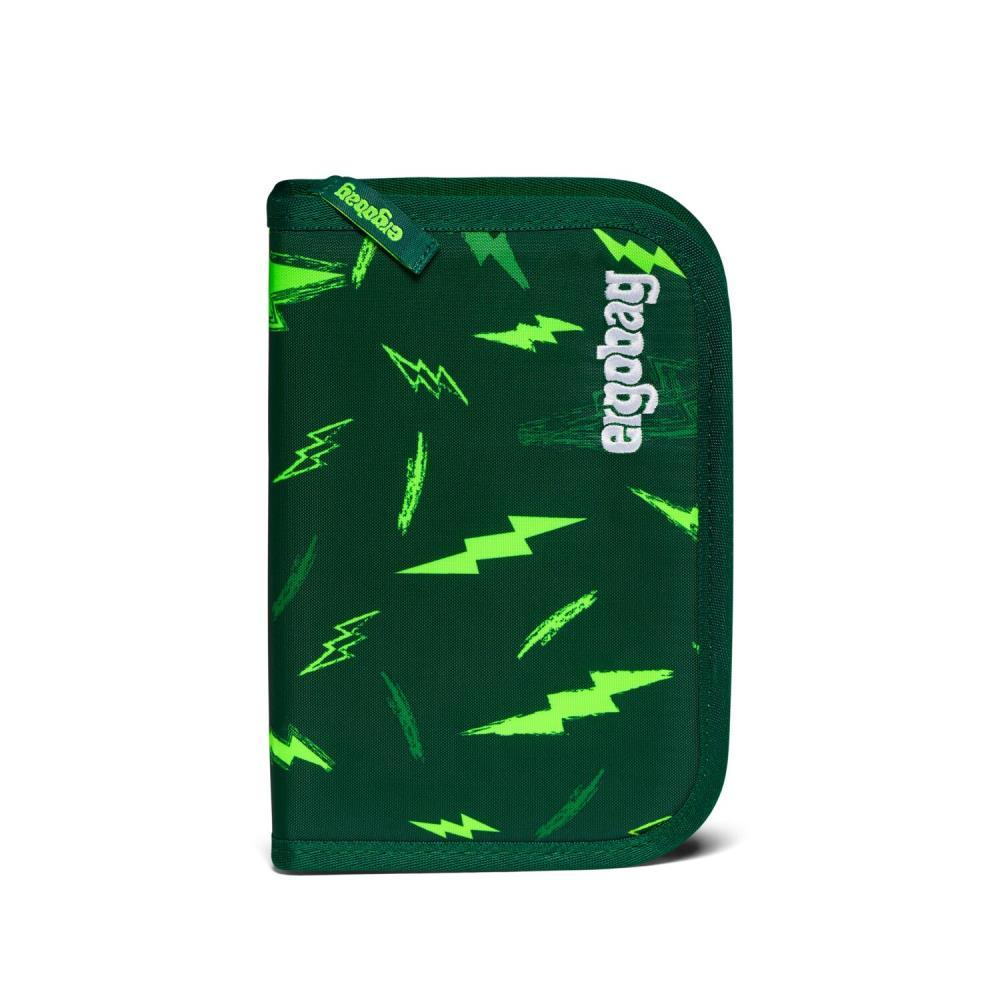 Ein grünes Ergobag-Federmäppchen mit Blitzmuster. Das Ergobag-Logo ist auf dem Etui sichtbar.