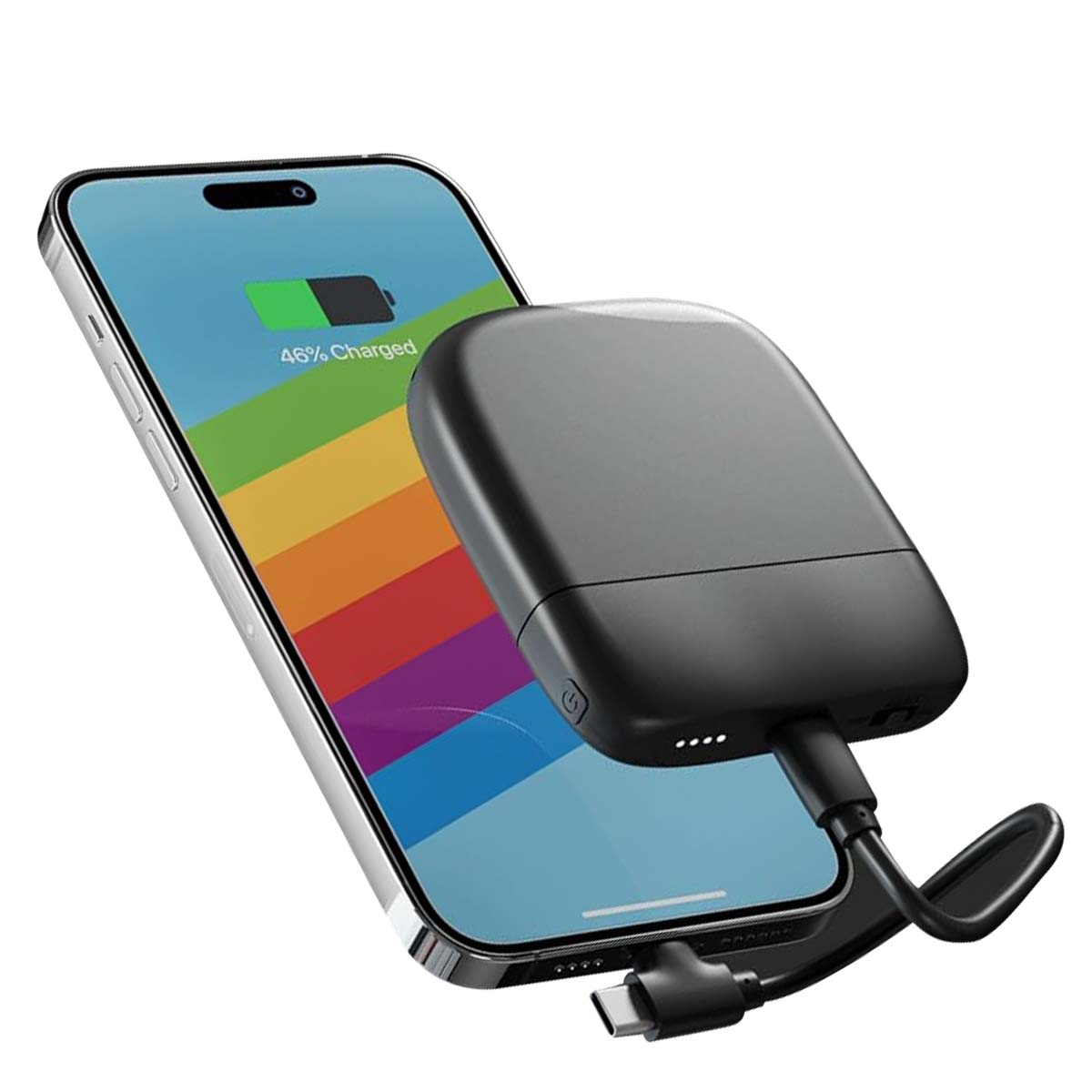 Un smartphone se charge avec une batterie externe noire. Le téléphone affiche un fond arc-en-ciel et la batterie est à 46%.