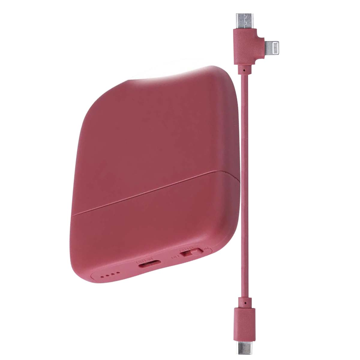 Eine weinrote Powerbank mit einem angeschlossenen Kabel mit USB-C- und Lightning-Anschluss.