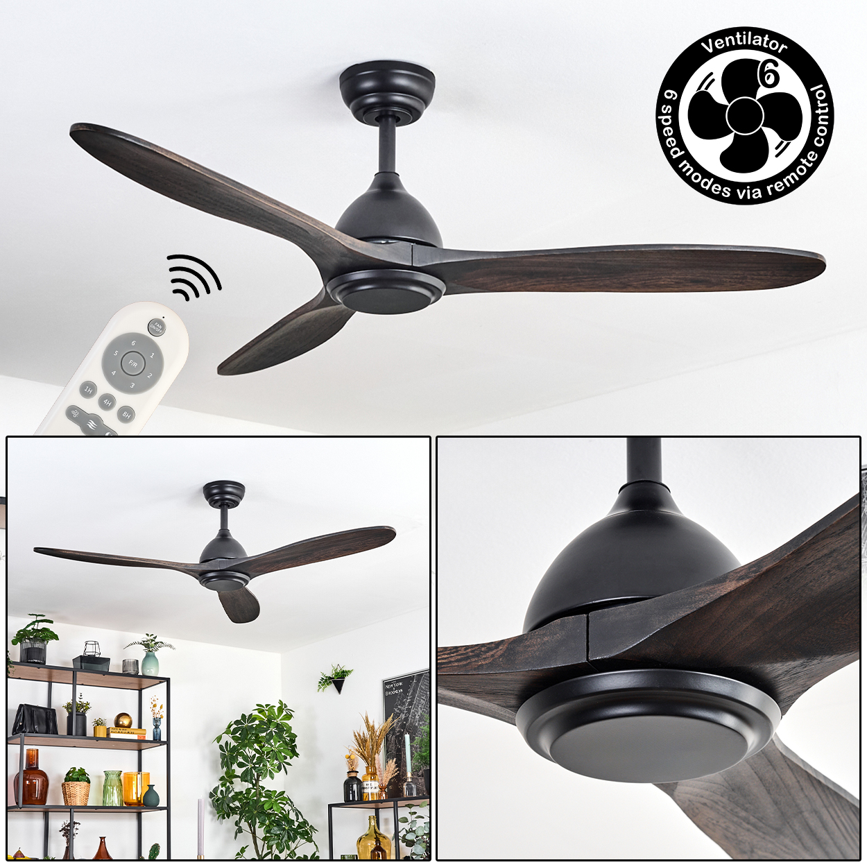 Ein schwarzer Deckenventilator mit Holzflügeln, Fernbedienung und einem Diagramm mit 6 Geschwindigkeitsmodi. Der Ventilator ist an einer weißen Decke montiert.