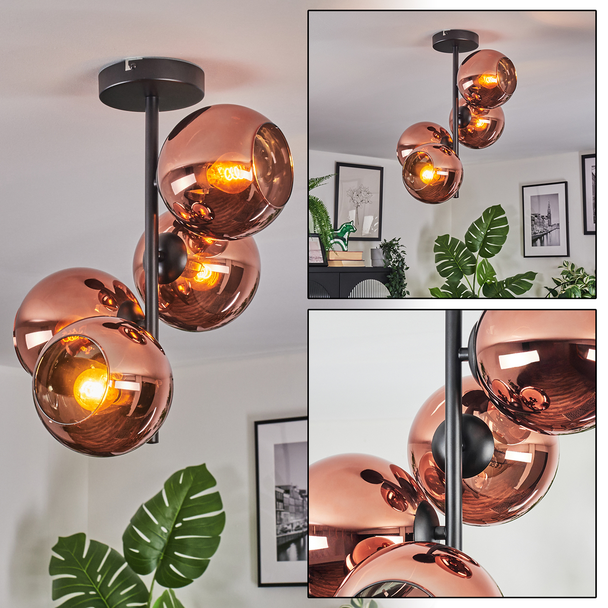 Eine moderne Deckenlampe mit vier kupferfarbenen Glaskugeln, jede mit einer sichtbaren Glühbirne. Schwarze Haltestruktur.