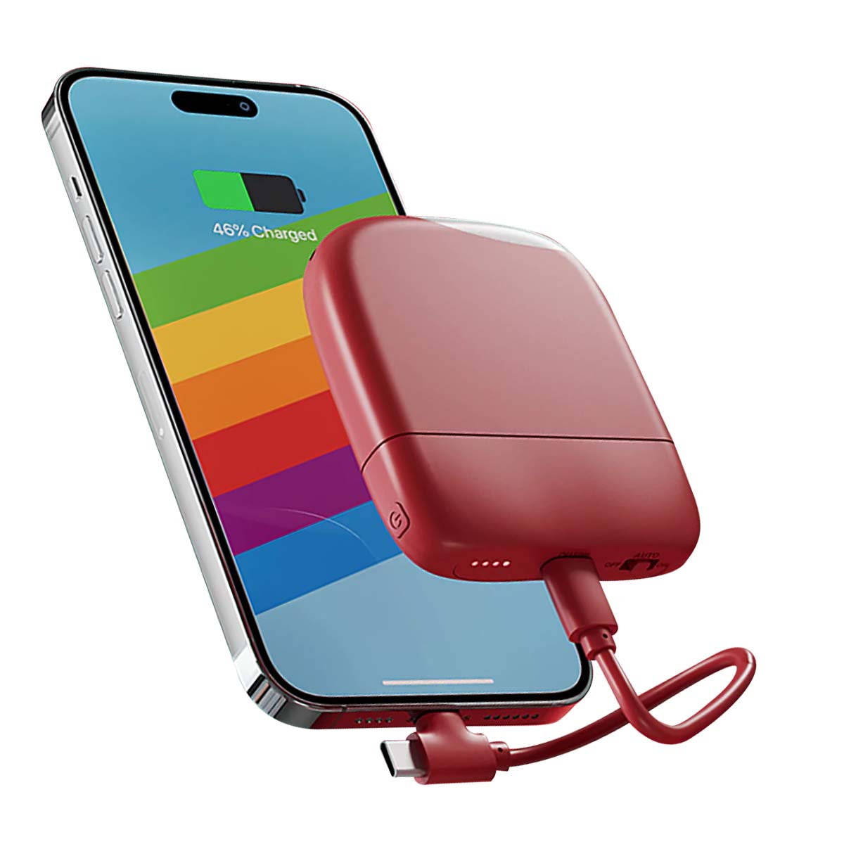 Ein Telefon, das geladen wird und 46 % anzeigt, mit einer roten Powerbank, die über ein rotes Kabel verbunden ist. Das Telefon hat einen Regenbogenhintergrund.