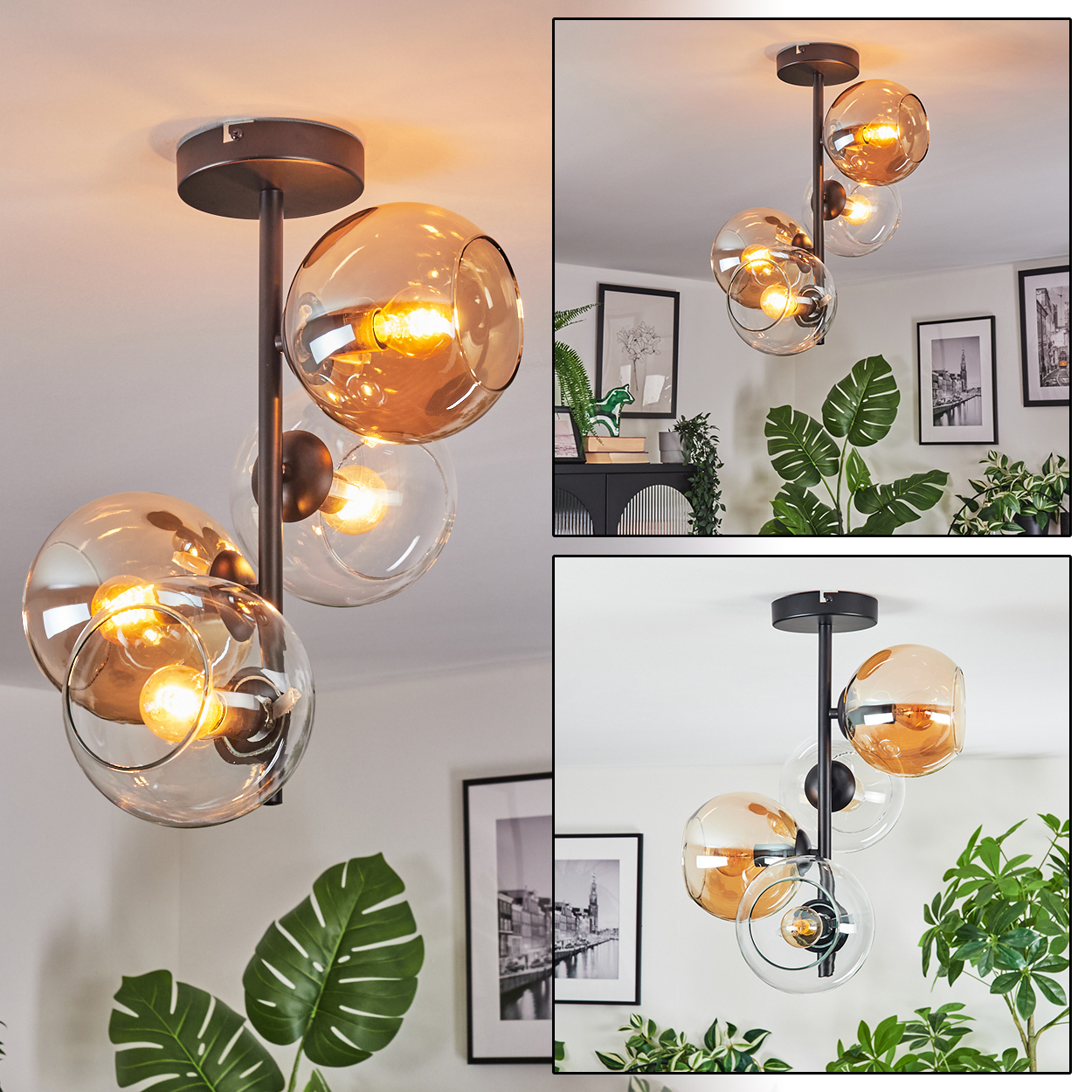 Eine moderne Deckenleuchte mit drei Glaskugeln, braunem Metallrahmen. Einige Kugeln sind bernsteinfarben, andere klar. Pflanzen und Bilder im Hintergrund.