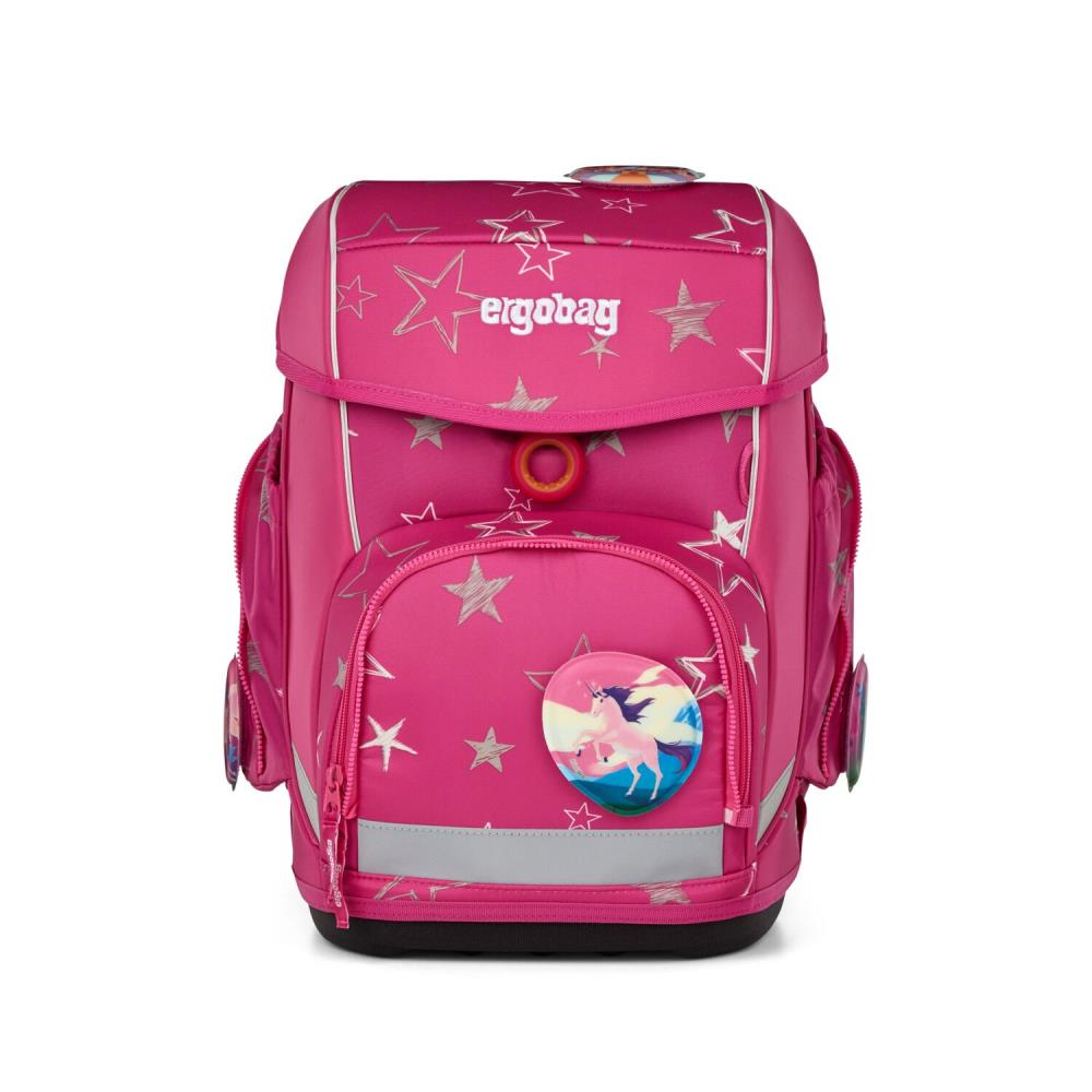 Rosa Schultasche mit Sternenmuster und einem Einhorn-Abzeichen. Sie hat mehrere Fächer und einen Reflexstreifen.
