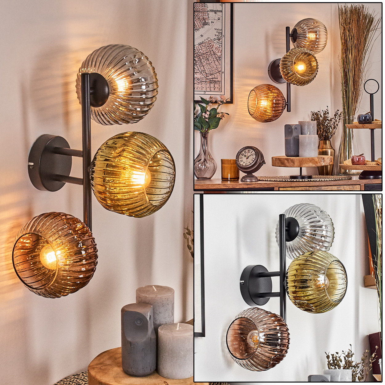Drei Wandlampen mit kugelförmigen, gerippten Glasschirmen in Bernstein, Grau und Bronze. Lampen sind an einem schwarzen Metallrahmen befestigt.