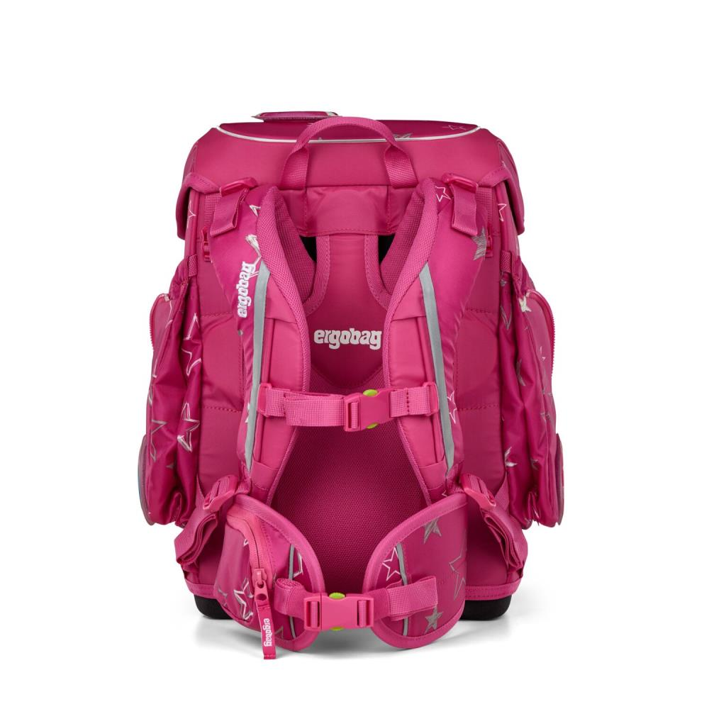 Ein pinkfarbener Ergobag-Schulrucksack. Er hat Sternmuster und reflektierende Streifen. Die Träger und Schnallen sind sichtbar.