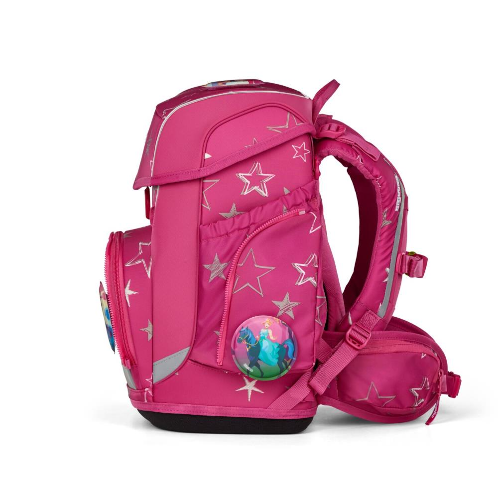 Rosa Rucksack mit silbernen Sternen. Mit Prinzessinnen-Anstecker. Hat Seitentaschen und gepolsterte Gurte. Ideal für die Schule.
