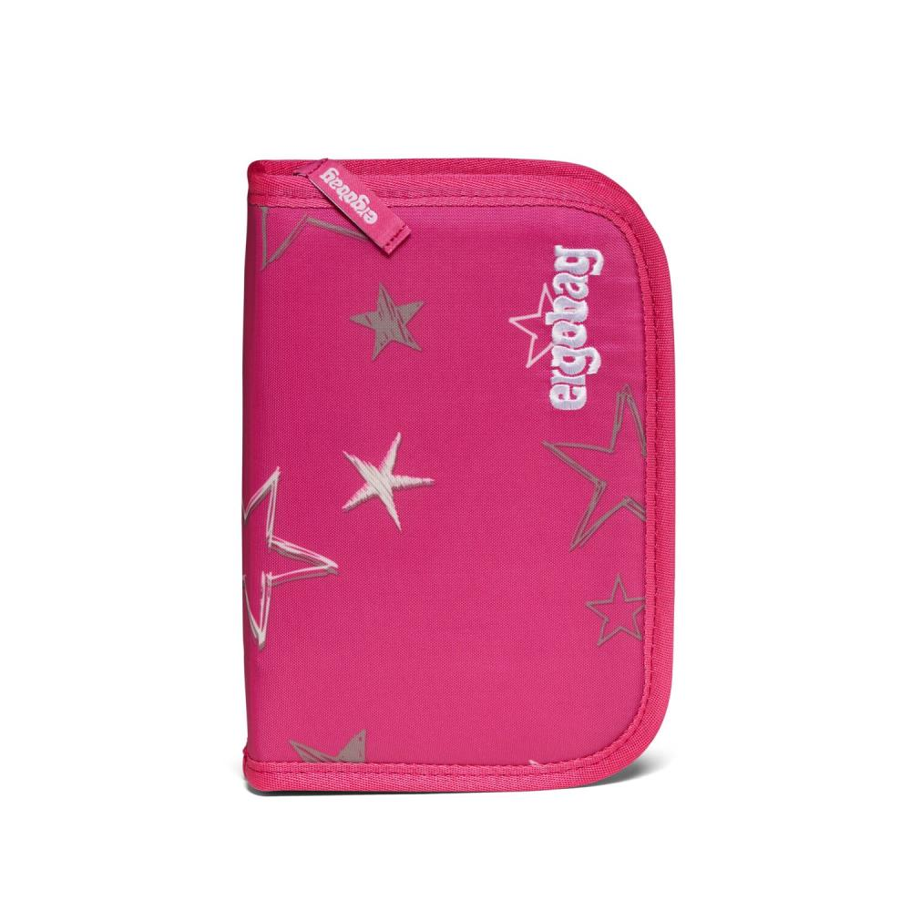 Rosa Ergobag-Federmäppchen mit Sternmustern. Es hat einen Reißverschluss und den Markennamen.