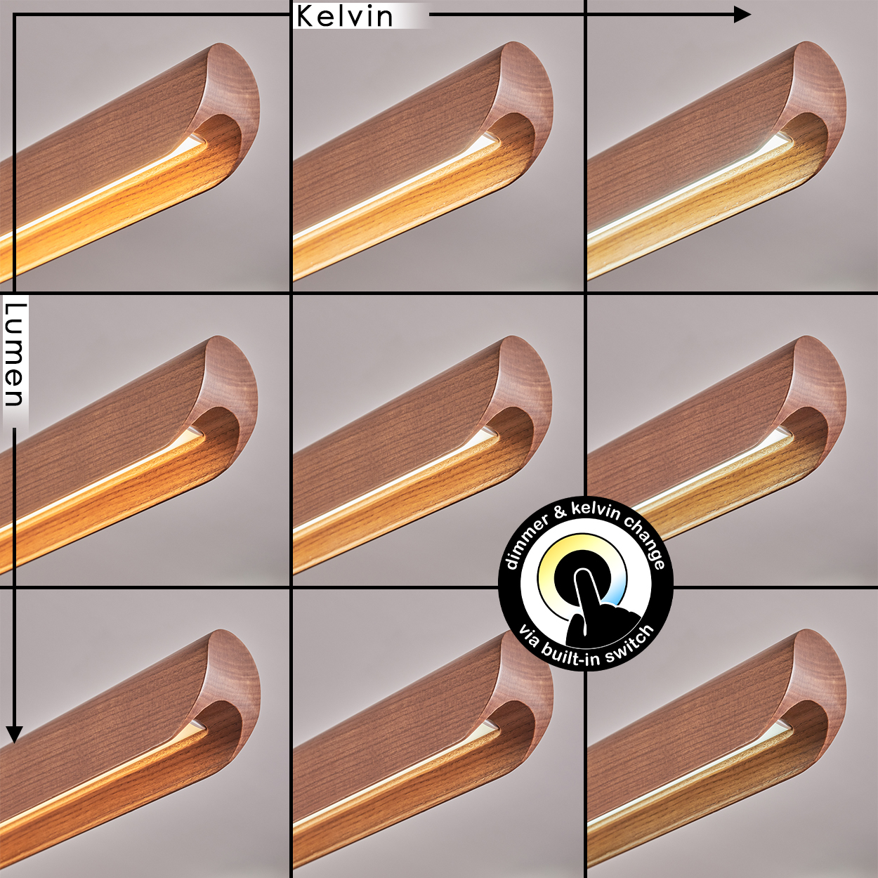 Neun Bilder zeigen eine Holzlampe, die ihre Lichtfarbe und Helligkeit über einen eingebauten Schalter ändert. Kelvin und Lumen sind beschriftet.