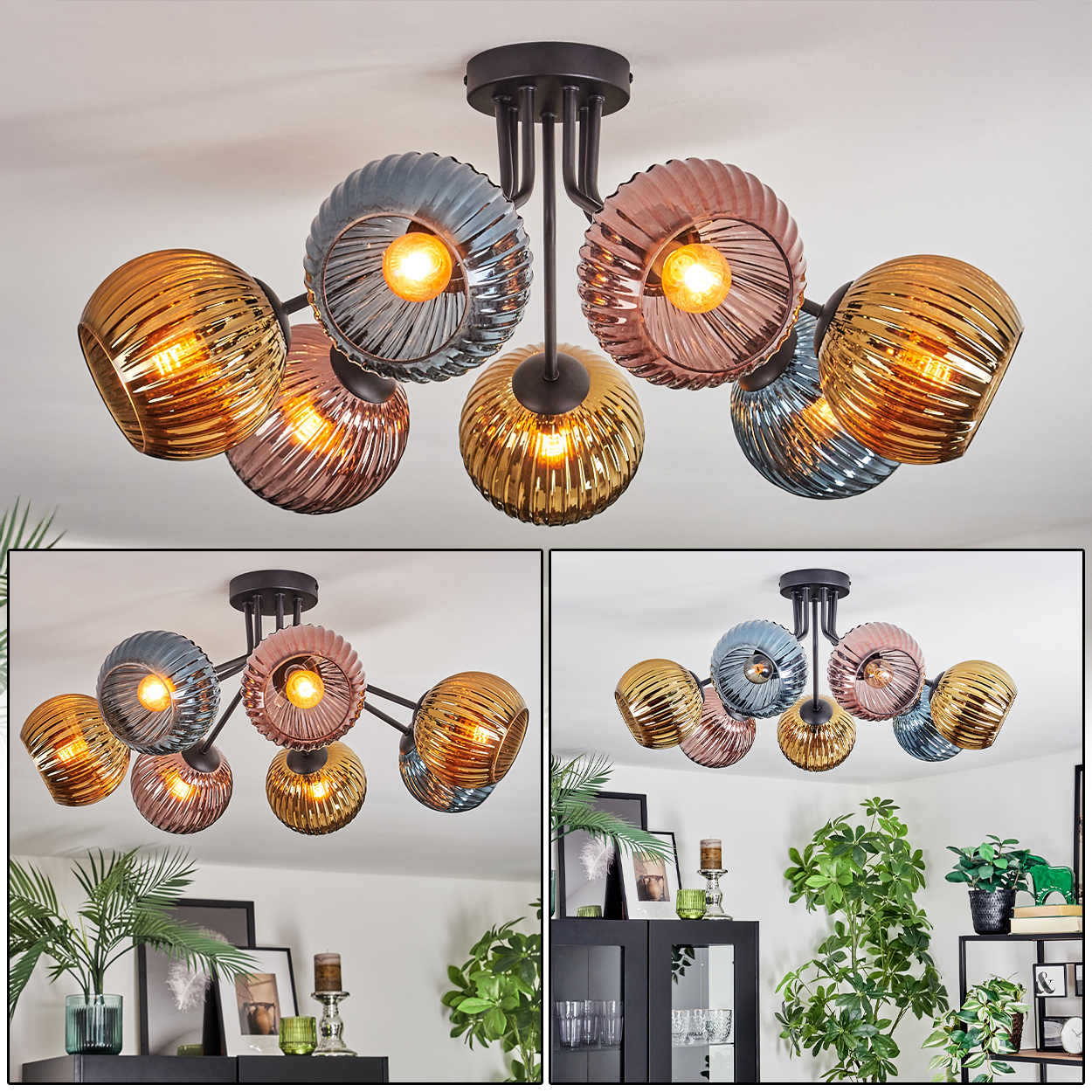 Eine moderne Deckenlampe mit Glasschirmen in Orange, Pink und Blau. Die Lampe ist an, im Hintergrund eine weiße Decke.