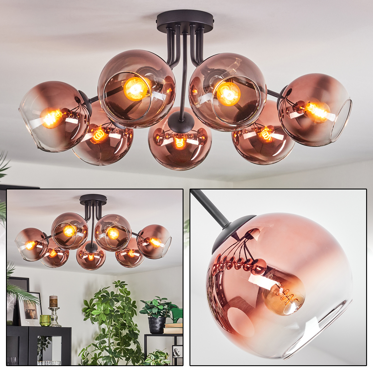 Eine moderne Deckenlampe mit sechs kugelförmigen, kupferfarbenen Glasschirmen, jede mit einer Glühbirne. Sie ist an einer schwarzen Halterung befestigt.
