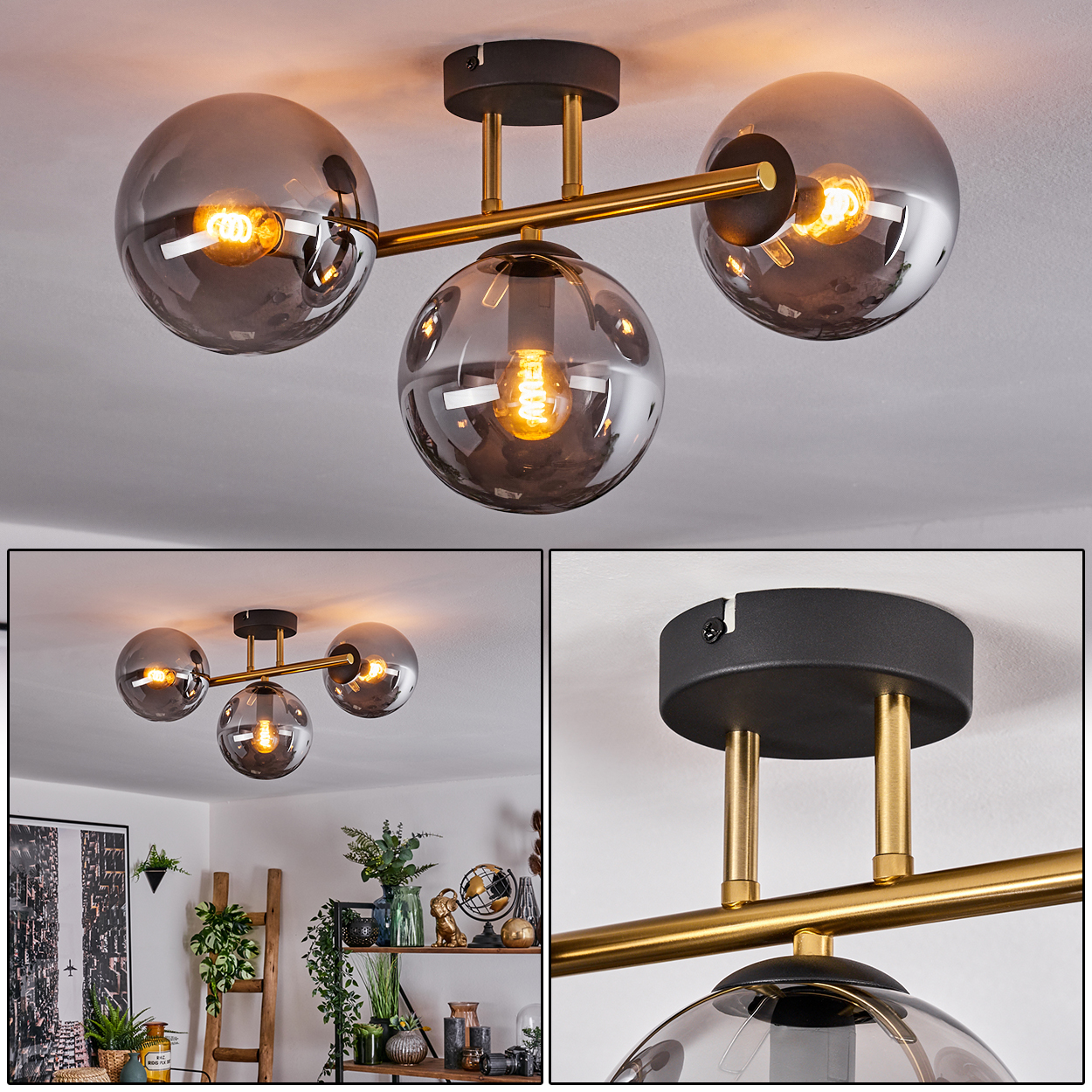 Eine moderne Deckenleuchte mit drei rauchigen Glaskugeln, goldenen Akzenten und einem schwarzen Sockel, beleuchtet mit warmem Licht.