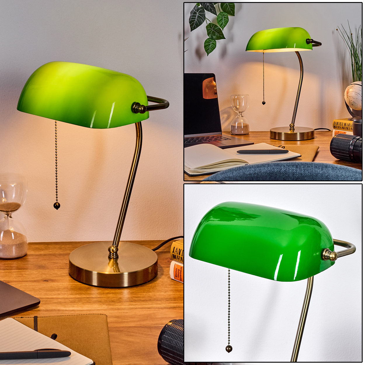 Eine grüne Banker-Lampe steht auf einem Holzschreibtisch. Weitere Gegenstände sind ein Laptop, ein Notizblock und eine Sanduhr. Der Hintergrund ist unscharf.