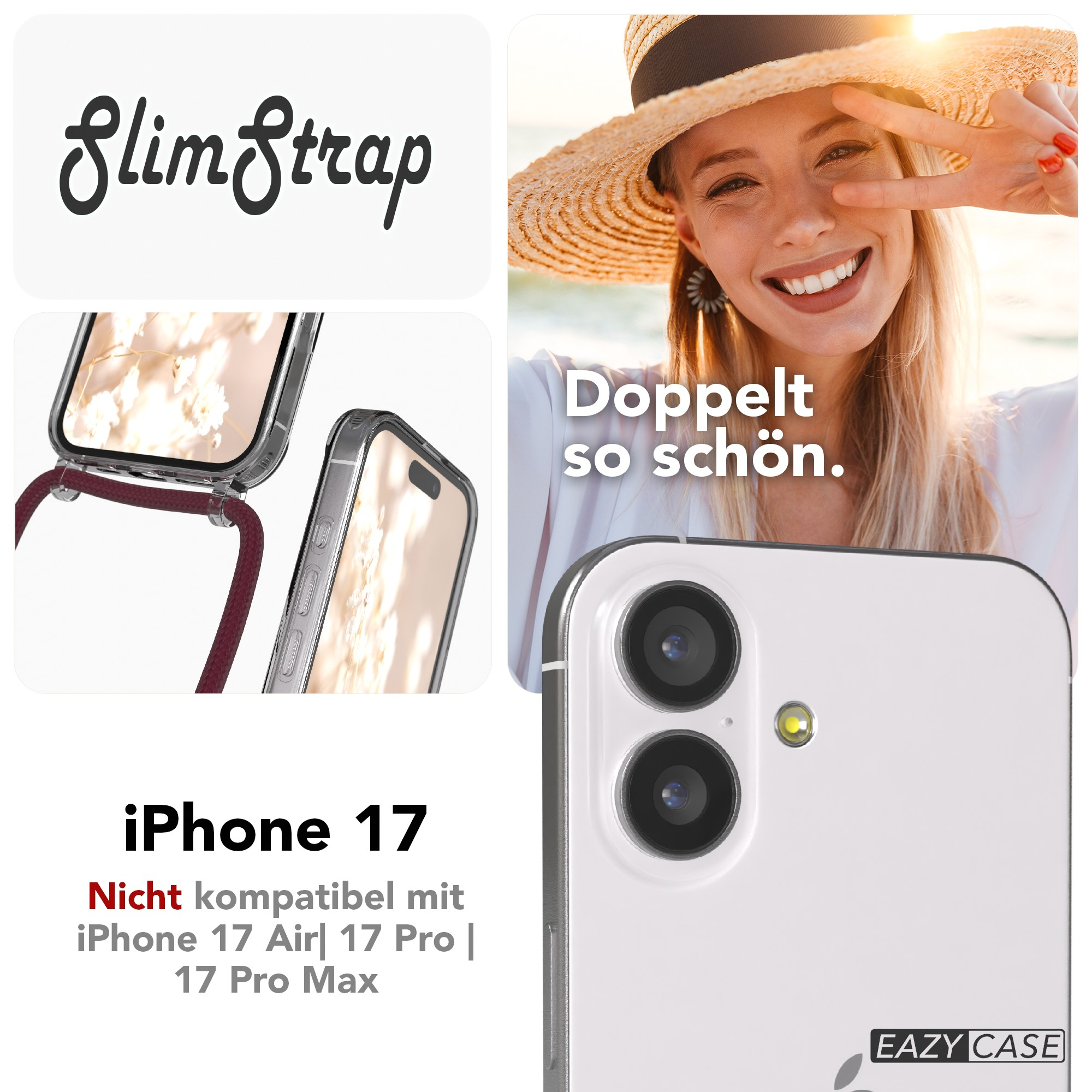 Das Bild zeigt eine Frau mit Strohhut, Handyhülle und Text zur iPhone 17-Kompatibilität.