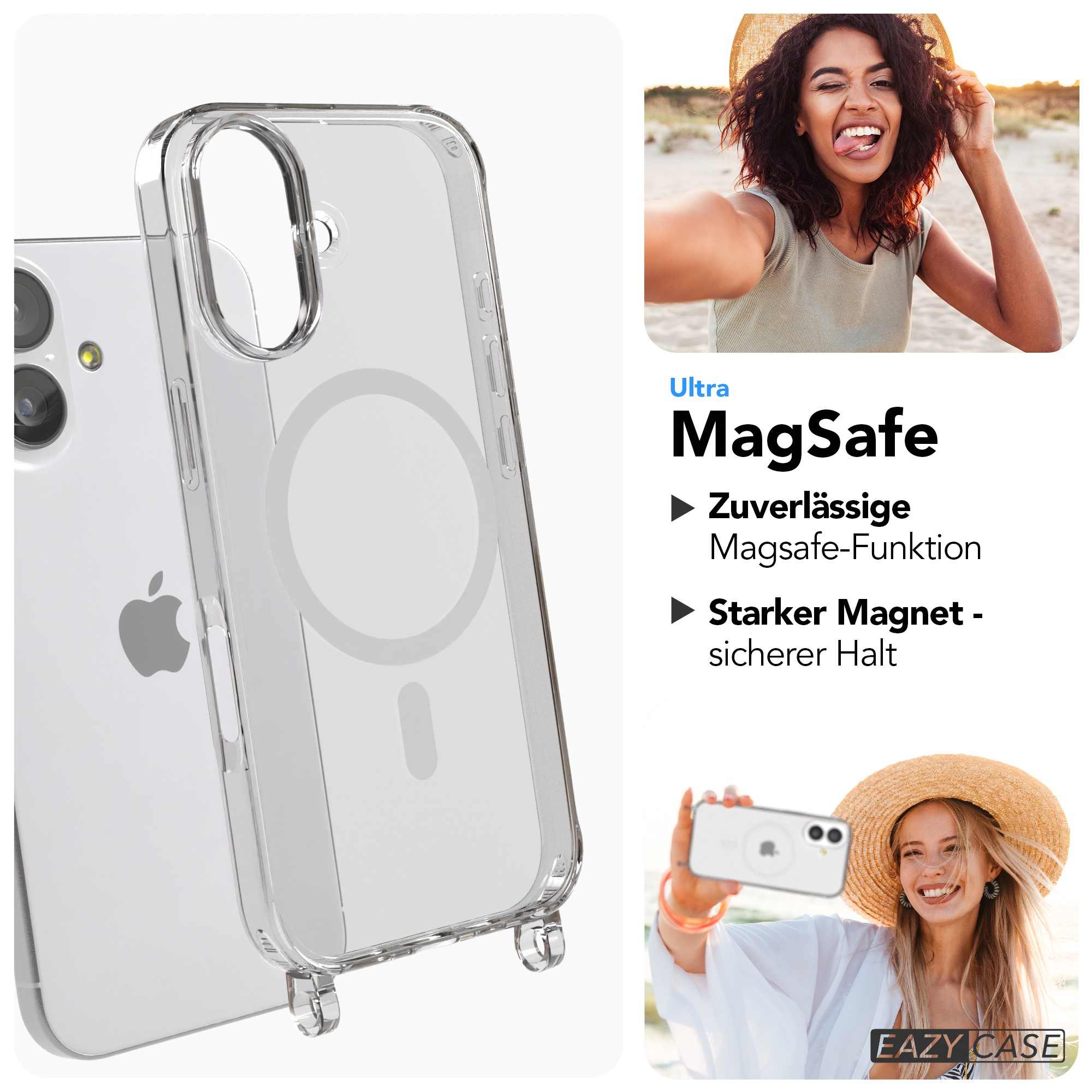 Transparente Handyhülle mit MagSafe auf iPhone. Zwei Frauen machen Selfies am Strand im Hintergrund.
