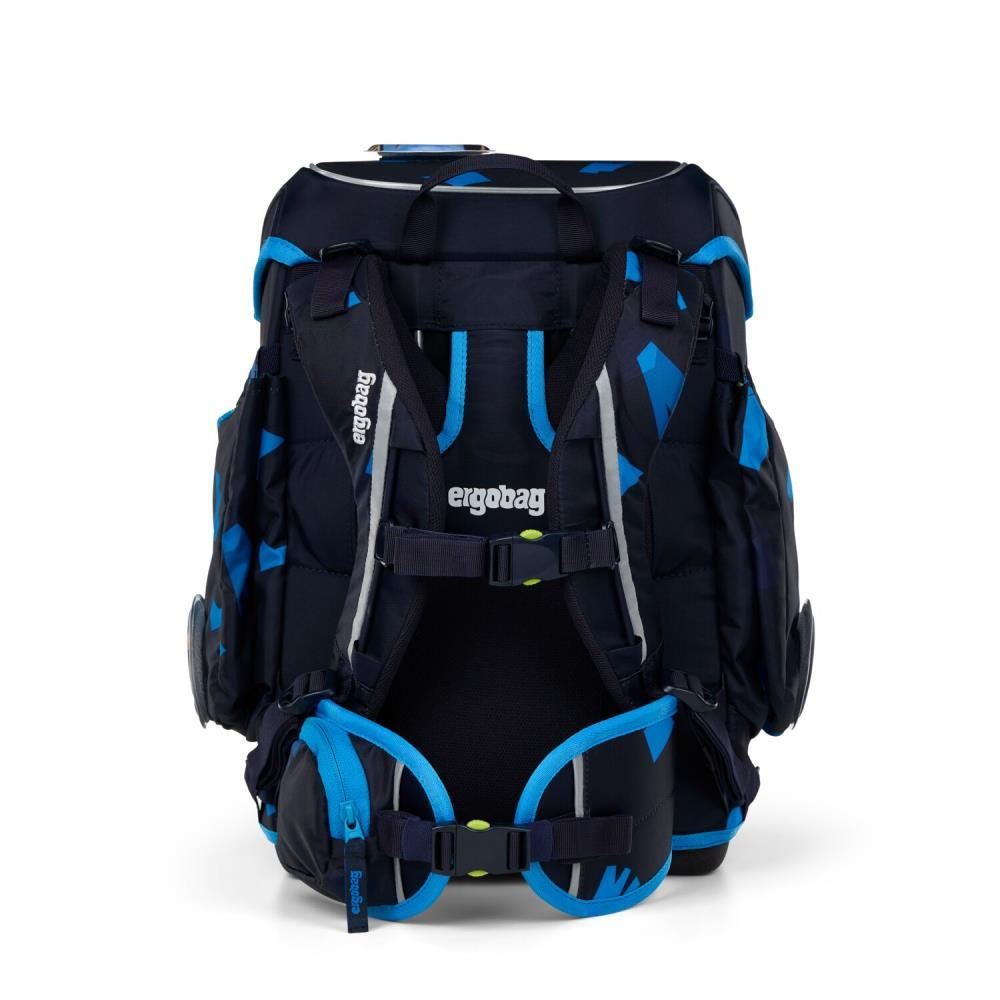 Ein marineblauer und blauer Schulrucksack mit dem Markennamen "ergobag". Er hat mehrere Fächer und Riemen.