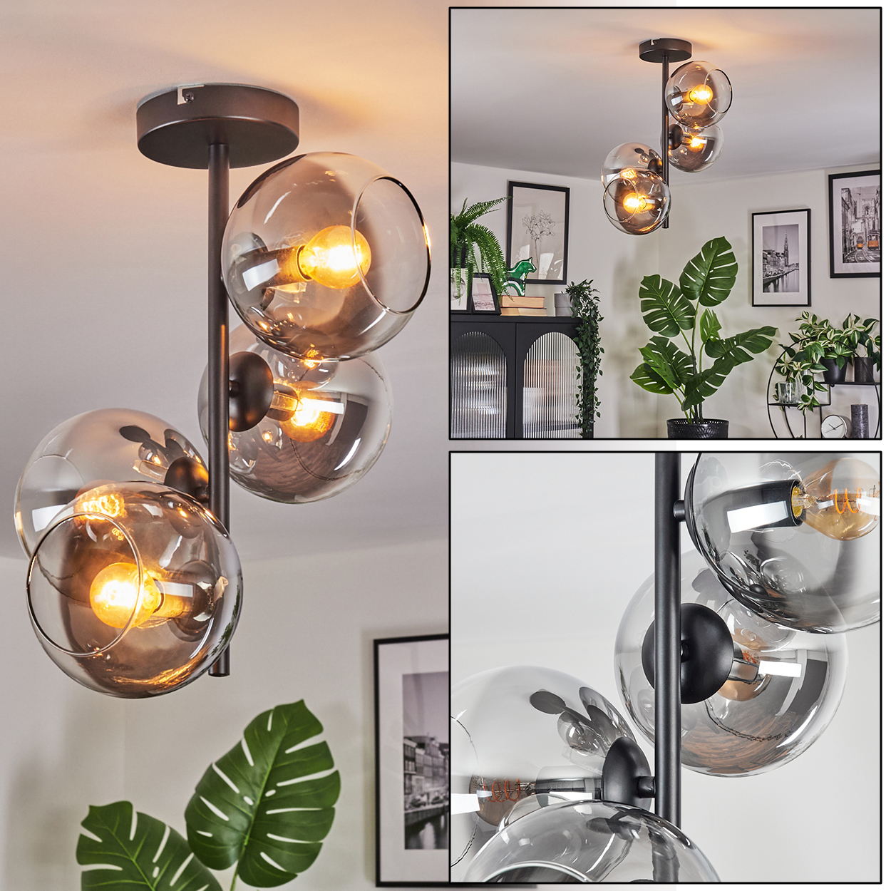 Eine moderne Deckenlampe mit drei Glaskugel-Schirmen. Der Raum hat Pflanzen und gerahmte Bilder. Die Lampe hat einen dunklen Metallrahmen.