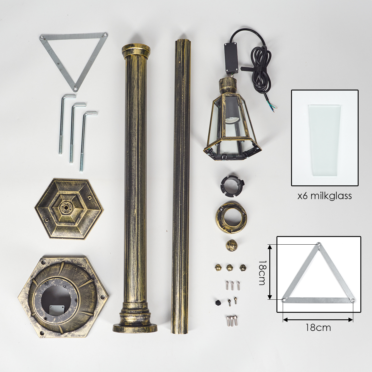 Zerlegte Lampenteile auf weißem Hintergrund. Enthält Lampensockel, Stange, Glas- und Metallkomponenten. Abmessungen sind angegeben.