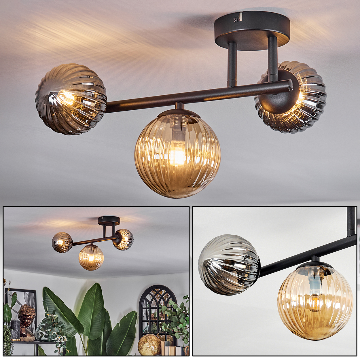 Eine moderne Deckenleuchte mit drei Glaskugeln. Die Leuchte ist schwarz und die Kugeln haben ein geripptes Design.
