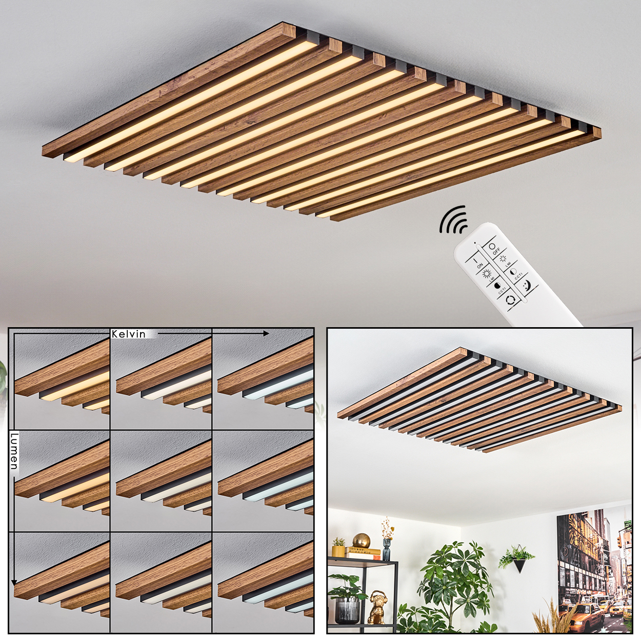 Holzdeckenlampe mit Fernbedienung. Sie hat einstellbare Helligkeit und Farbtemperatur. Ein Raum mit Pflanzen und einem Gemälde ist sichtbar.