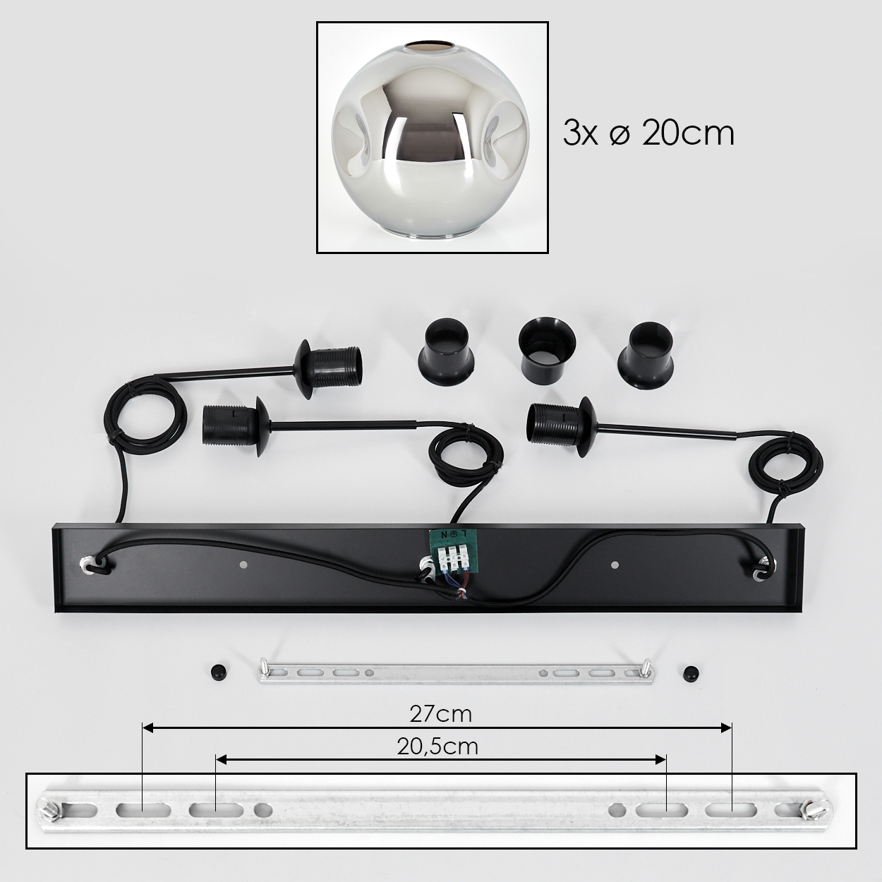 Draufsicht einer zerlegten Lampe. Enthält eine Glühbirne, schwarze Armaturen, eine Basis und Maßangaben.
