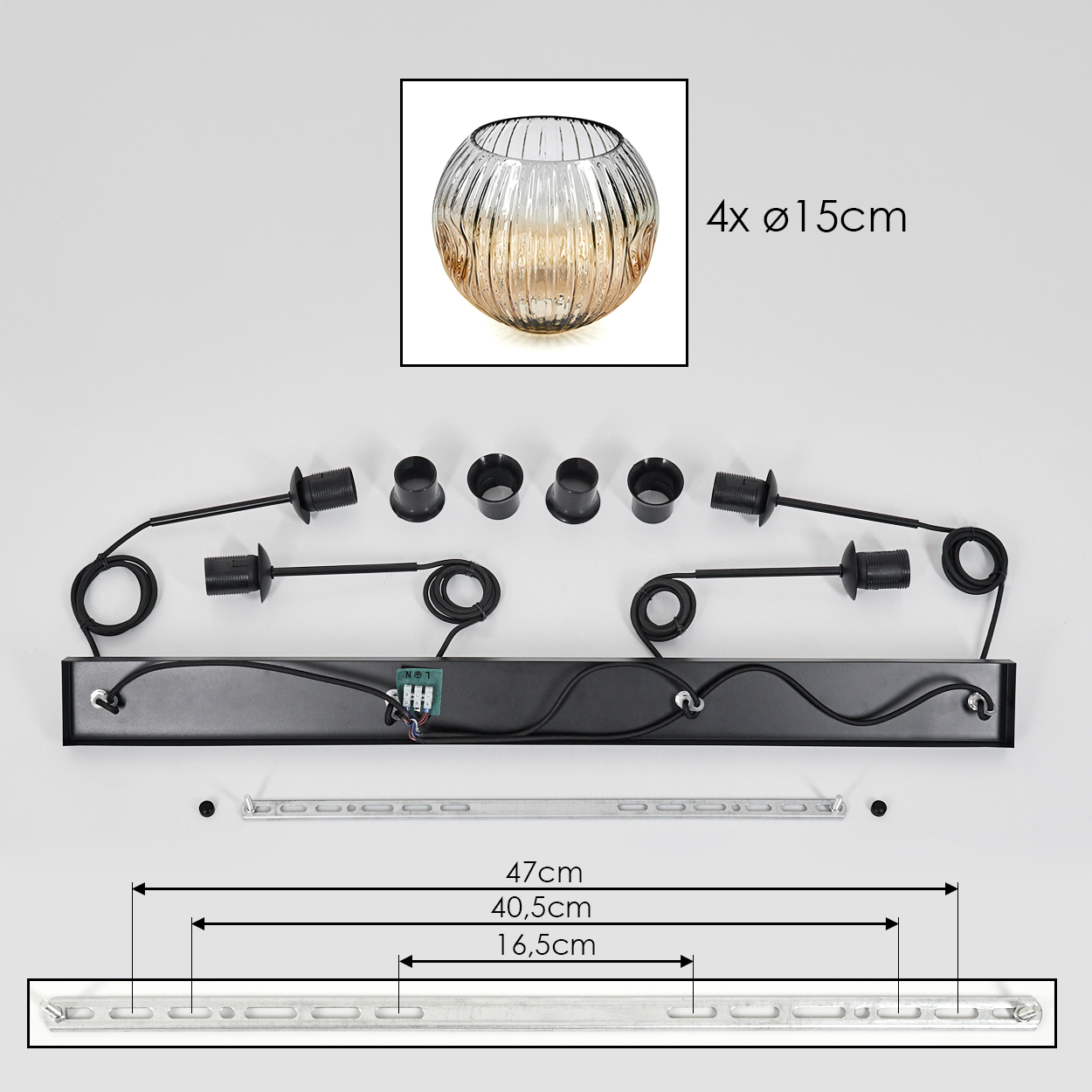 Draufsicht auf Lampenteile: Glasschirm, schwarze Lampenfassungen, Metallstange und Befestigungsmaterial. Abmessungen und Text sind sichtbar.