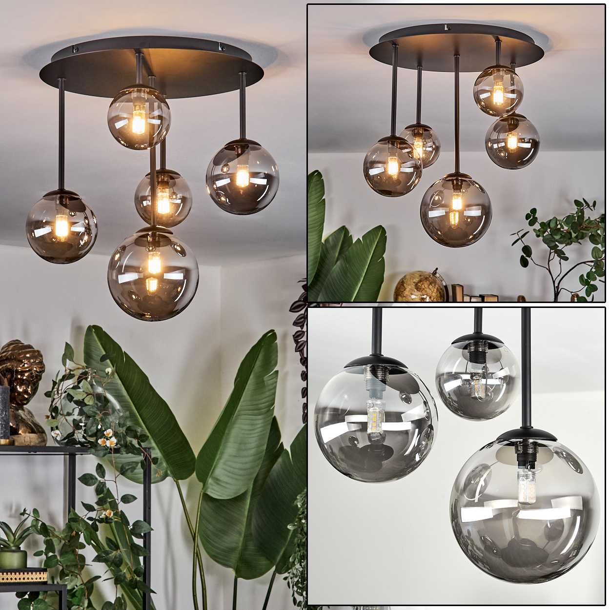 Eine moderne Deckenlampe mit mehreren rauchfarbenen Glaskugeln hängt von der Decke. Pflanzen und Dekoration sind im Hintergrund.