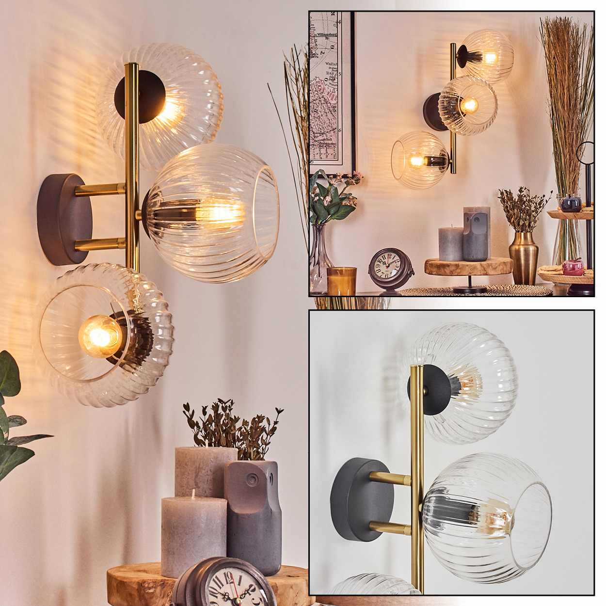 Dekorative Wandlampen mit Glaskugeln, Kerzen und einer Uhr auf einer Holzoberfläche vor weißer Wand.