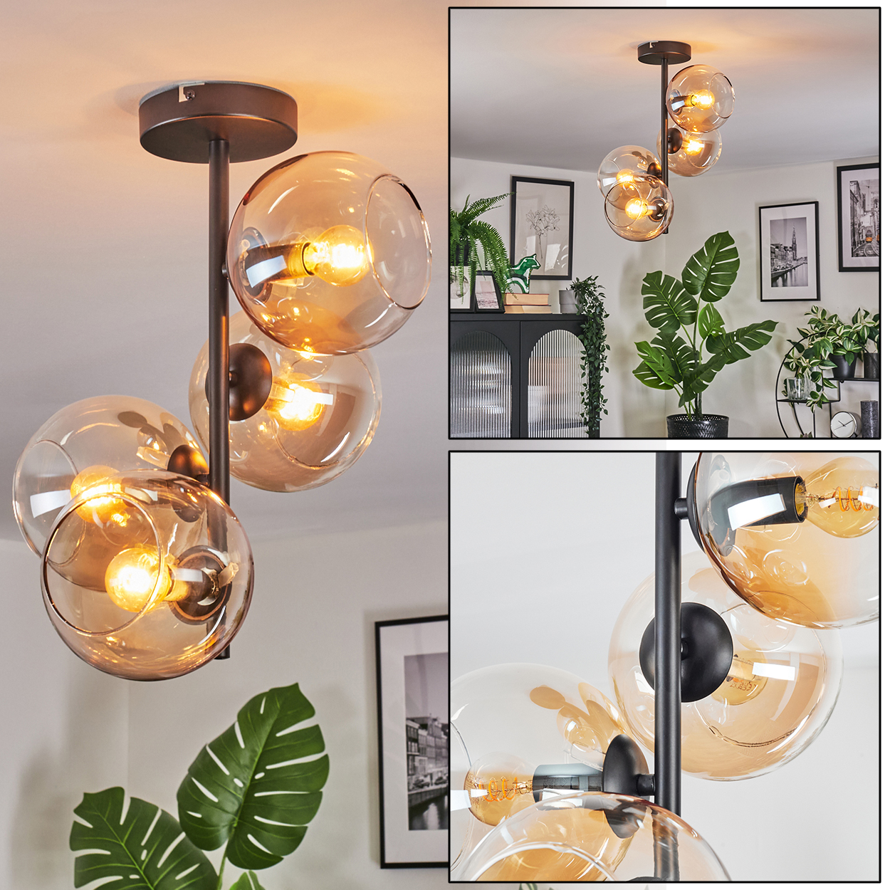 Eine moderne Deckenleuchte mit vier bernsteinfarbenen Glaskugeln. Die Leuchten hängen an einer dunklen Metallstange.