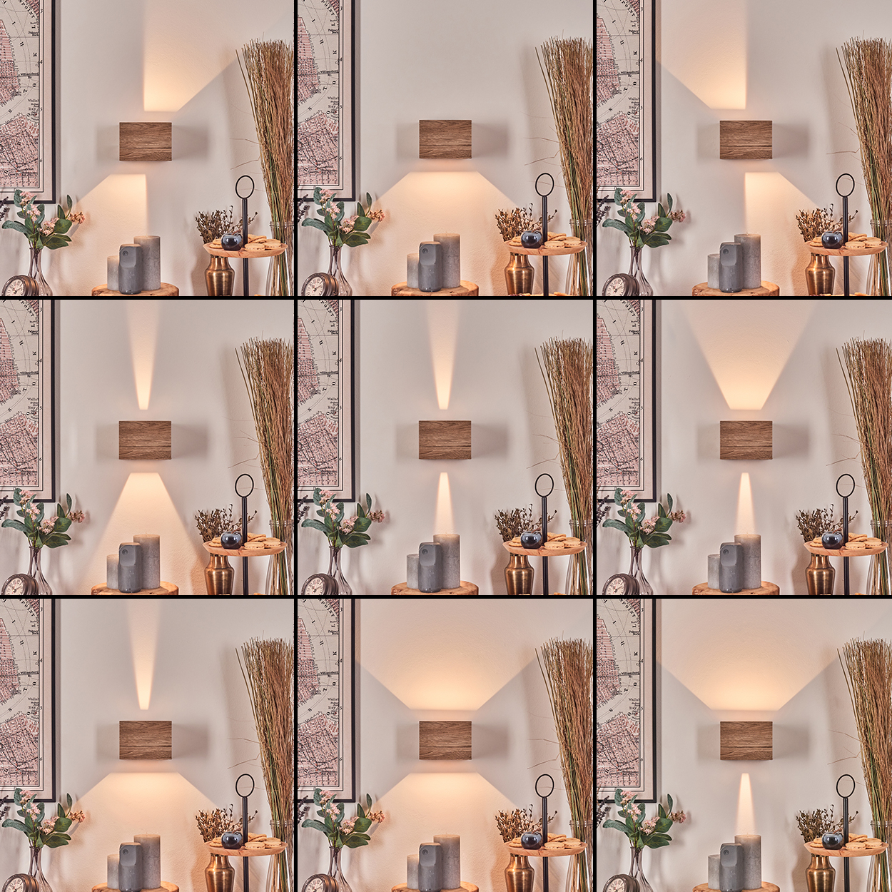 Holz-Wandkunst mit Lichtstrahlen, Kerzen und Dekorationsartikeln. Eine Karte hängt an der Wand und verleiht der Szene einen Vintage-Look.