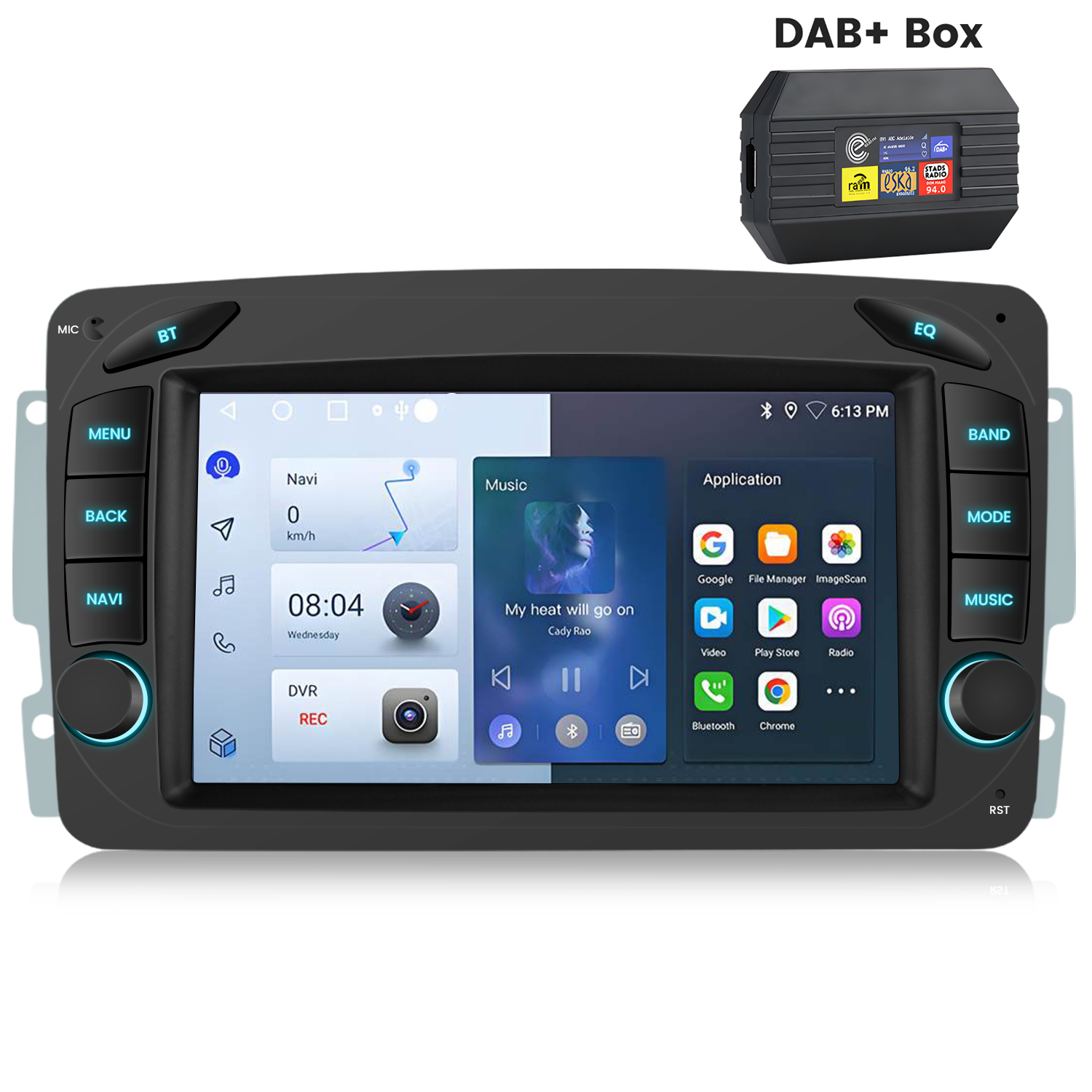 Autoradio mit Display, das Navigation, Musik und Anwendungen anzeigt. Eine DAB+-Box befindet sich oben rechts.