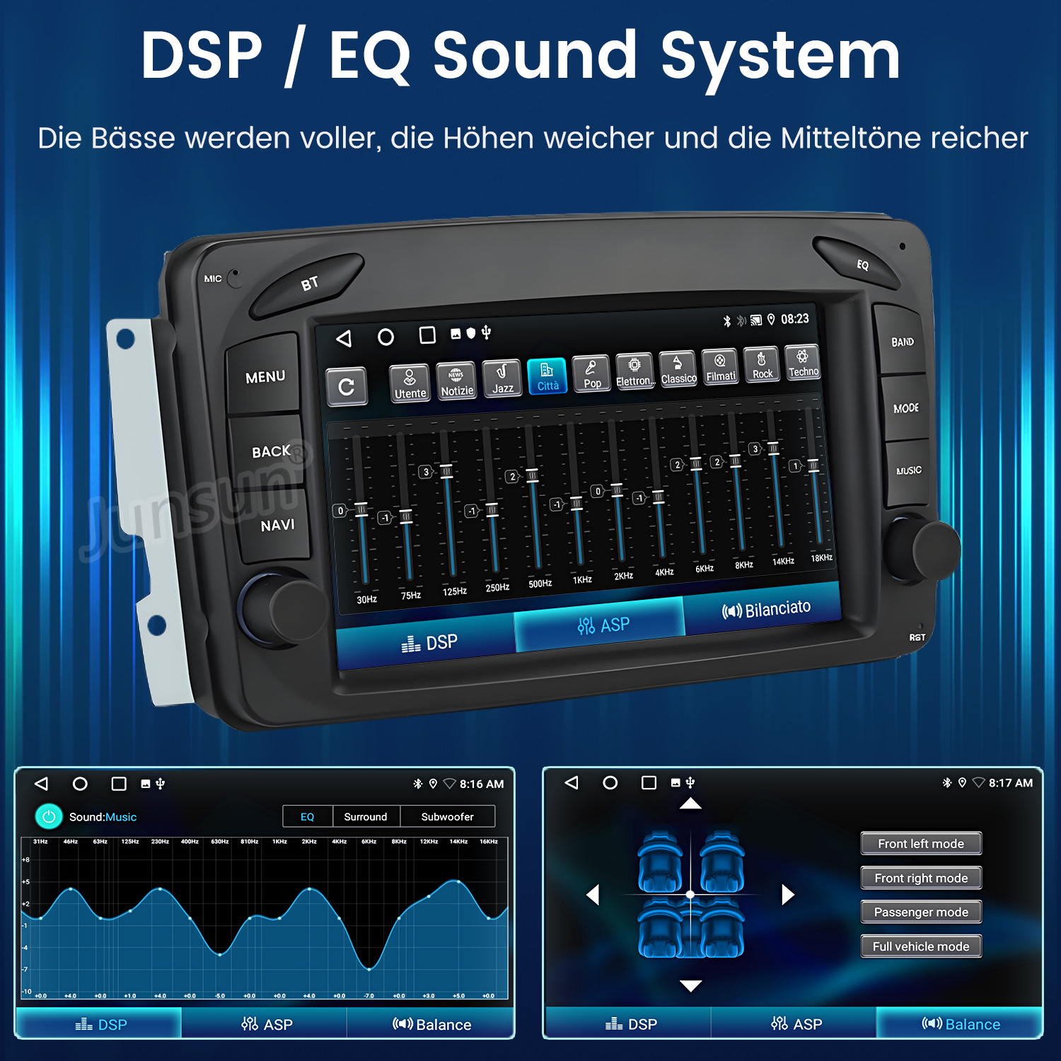 Autoradiobildschirm mit EQ-Einstellungen und Sound-Steuerung, zusammen mit einer DSP/EQ-Sound-System-Oberfläche.