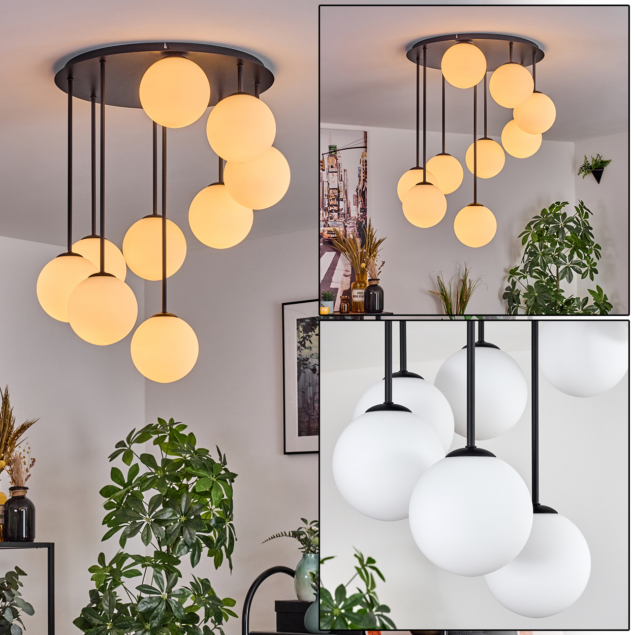 Eine moderne Deckenleuchte mit mehreren leuchtenden Kugelleuchten hängt von der Decke. Pflanzen und dekorative Gegenstände sind im Hintergrund.