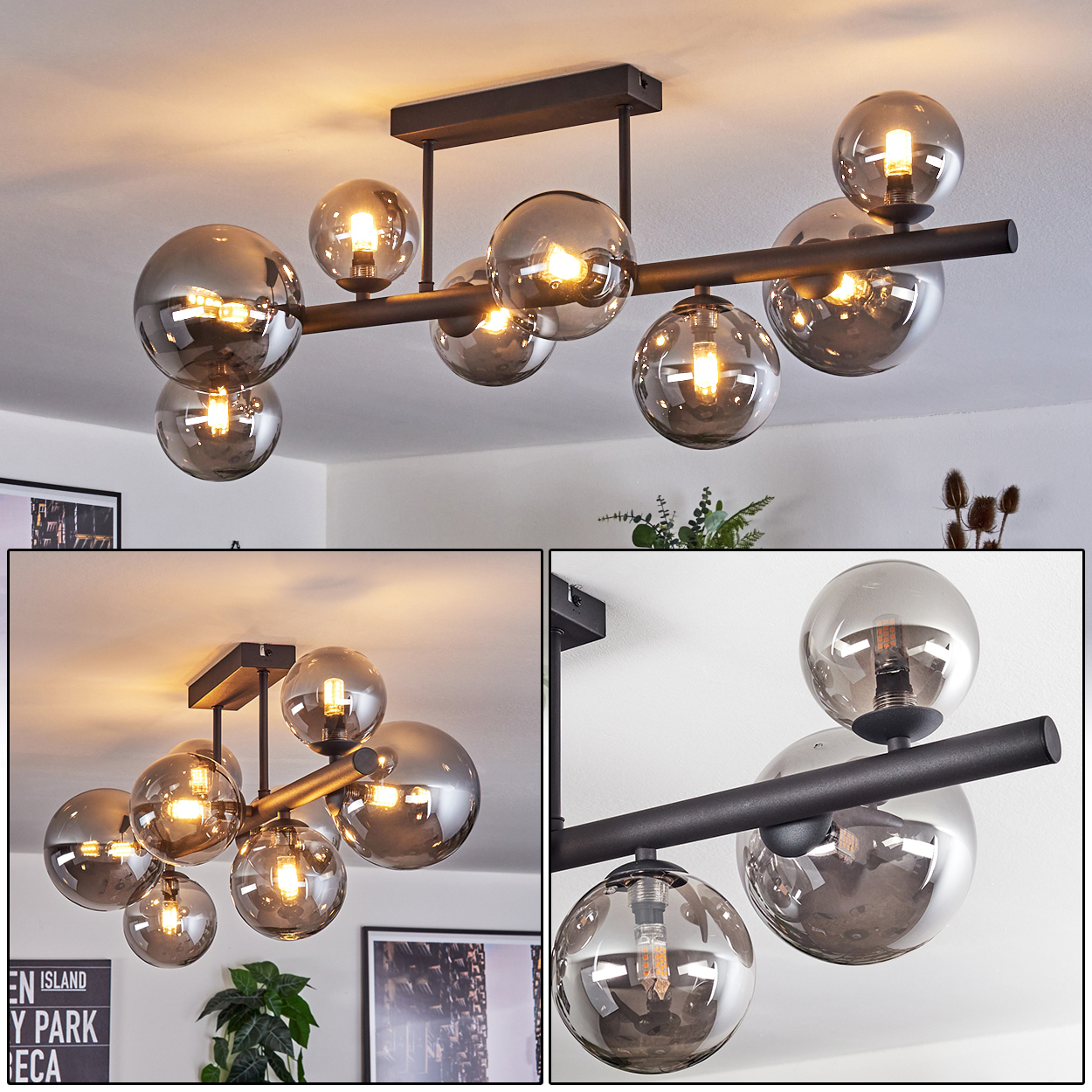 Eine moderne Deckenleuchte mit mehreren kugelförmigen Glasschirmen. Sie hat dunkle Metallstangen und wird von warmen, hellen Glühbirnen beleuchtet.
