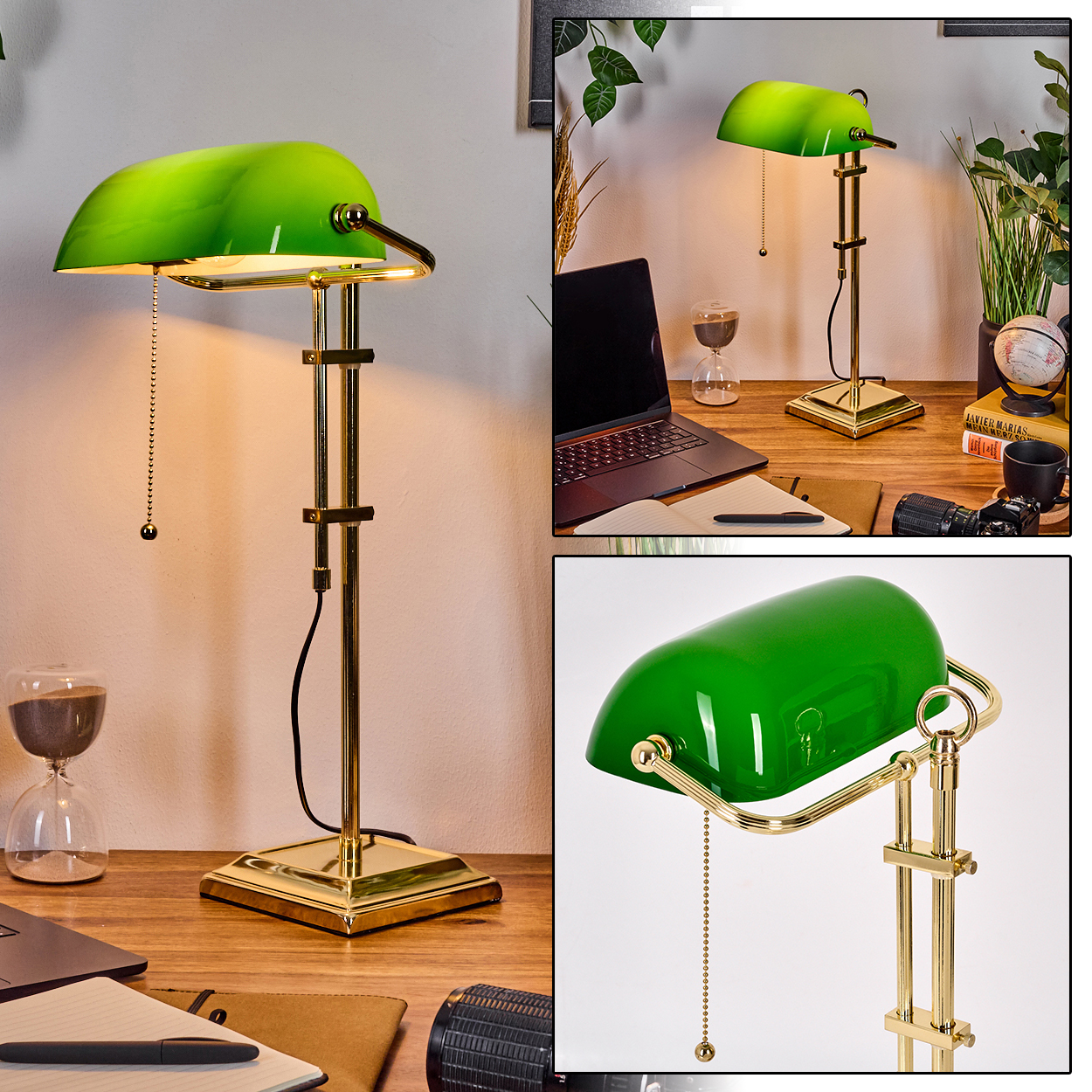 Eine grüne Banker-Lampe steht auf einem Holztisch mit Laptop, Sanduhr und Büchern. Der Lampenschirm ist grün.
