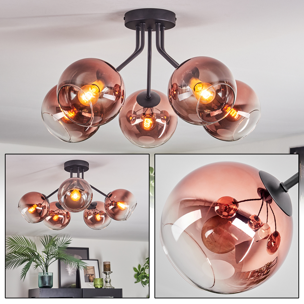 Eine moderne Deckenlampe mit fünf kugelförmigen, kupferfarbenen Glasschirmen. Glühbirnen leuchten in den Kugeln. Der Hintergrund ist eine weiße Decke.