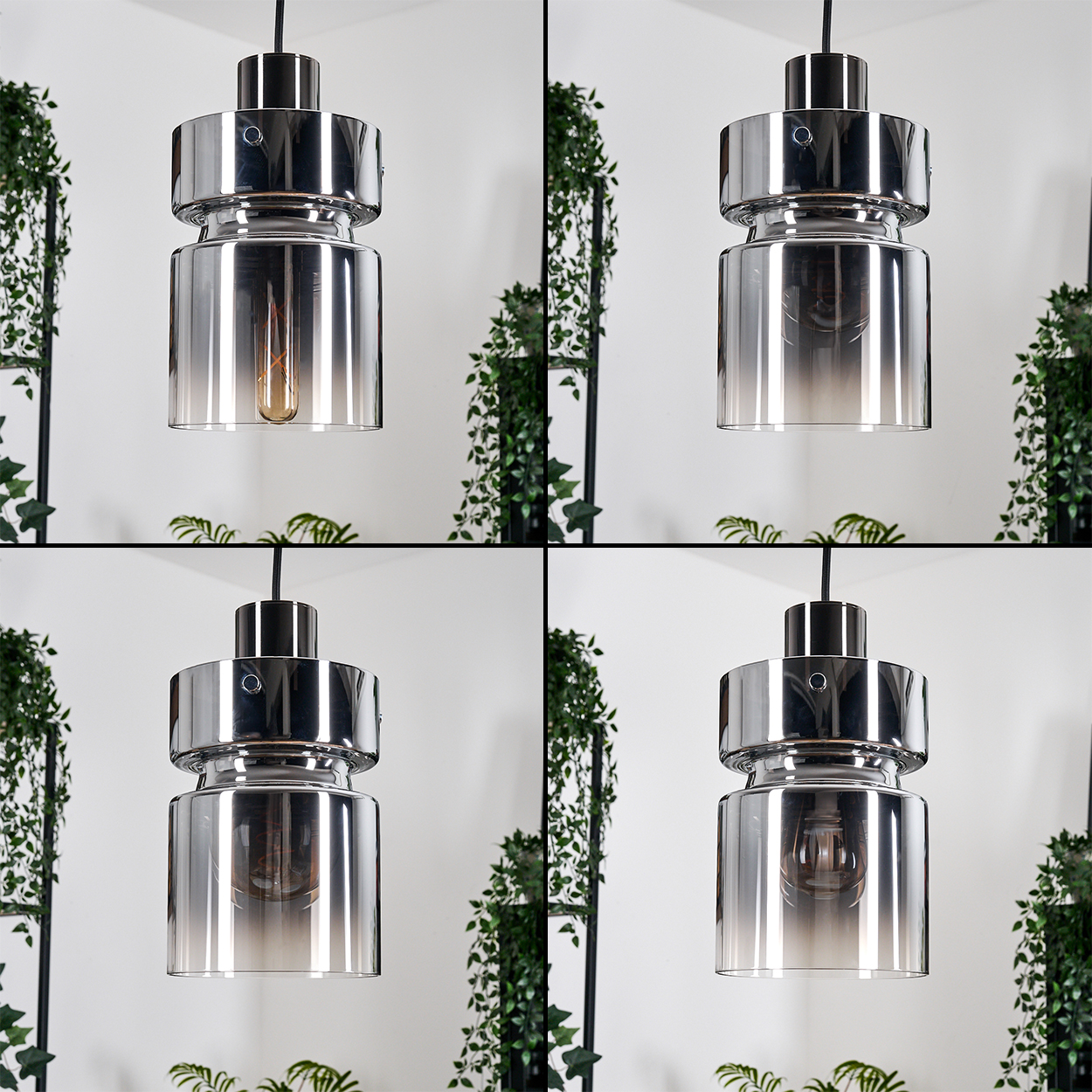 Eine moderne Chrom-Pendelleuchte mit einer Glühbirne. Grüne Pflanzen und schwarze Metallständer im Hintergrund vor einer weißen Wand.