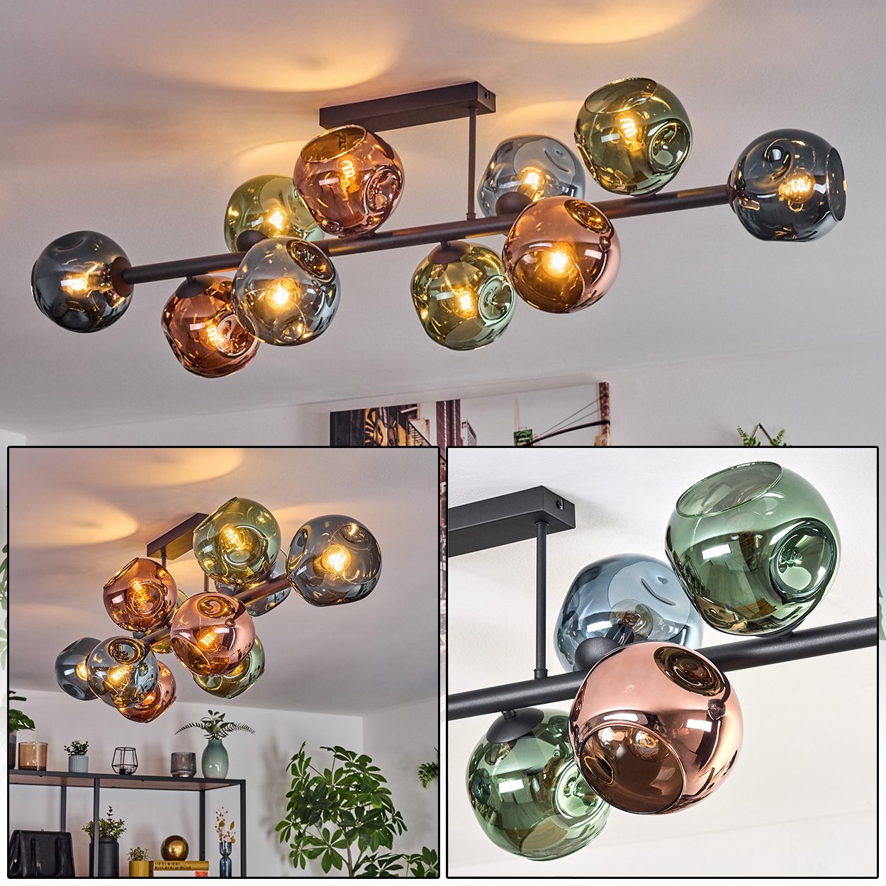Eine moderne Deckenleuchte mit farbigen Glaskugeln. Die Leuchte ist schwarz und an der Decke montiert. Verschiedene Objekte im Hintergrund.