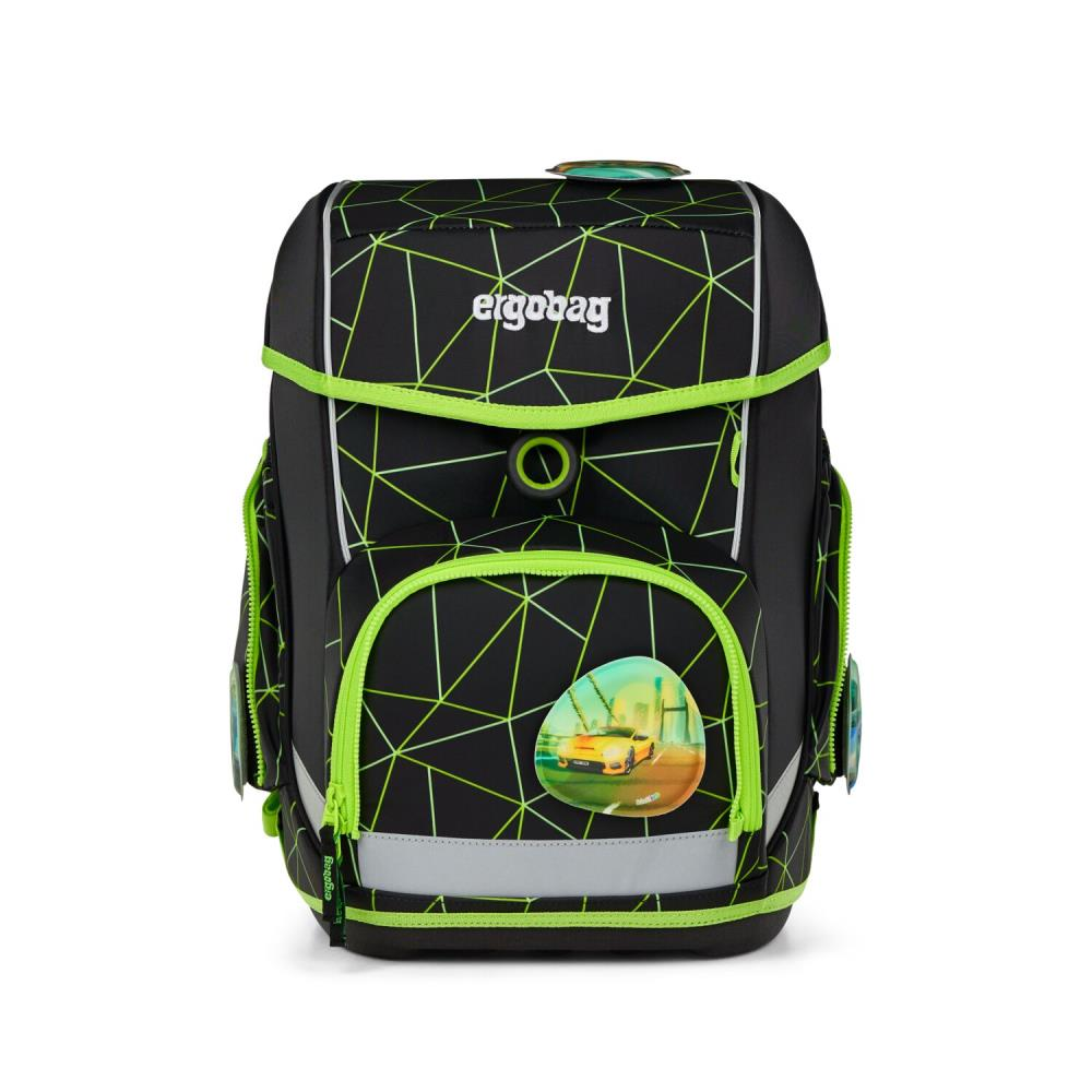 Schwarzer Rucksack mit neongrünen Akzenten und geometrischen Mustern. Mit einem Autografik auf der Vordertasche.