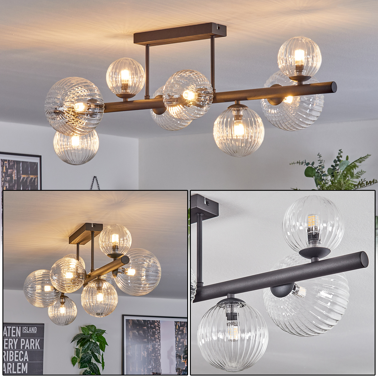 Eine moderne Deckenleuchte mit mehreren kugelförmigen Glaslampen. Der Metallrahmen ist dunkel. Die Lampen leuchten, der Hintergrund ist eine weiße Decke.