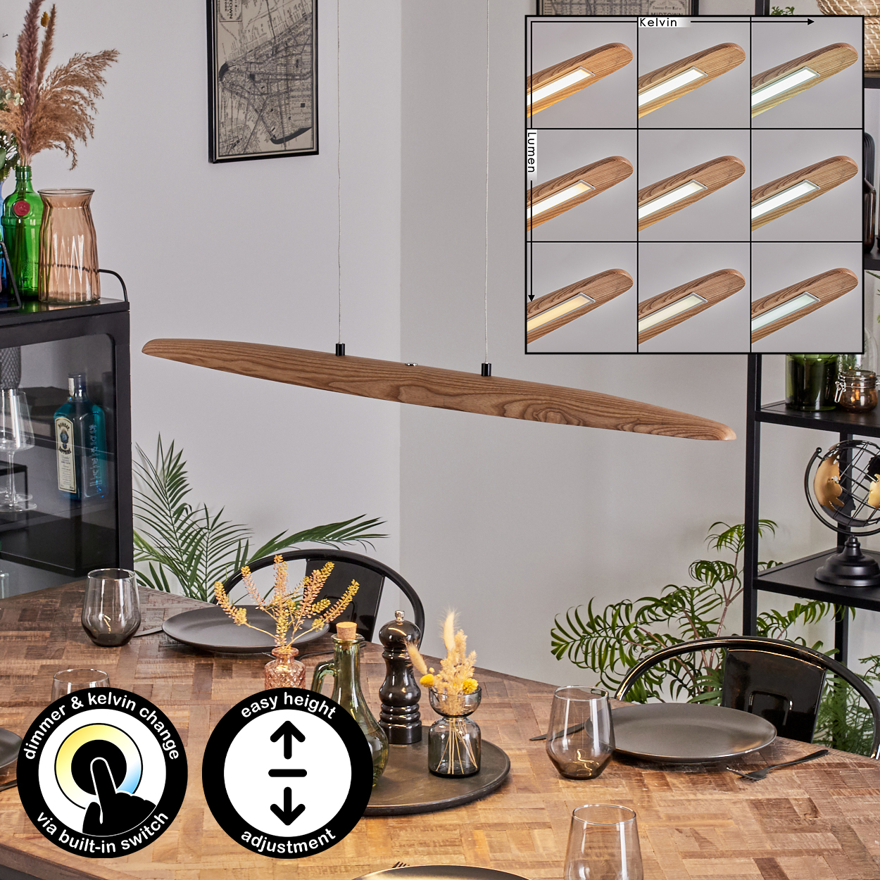 Eine Holzlampe hängt über einem Tisch, der für eine Mahlzeit gedeckt ist. Dimmer- und Höhenverstellsymbole sind sichtbar, ebenso wie Lichteinstellungen.