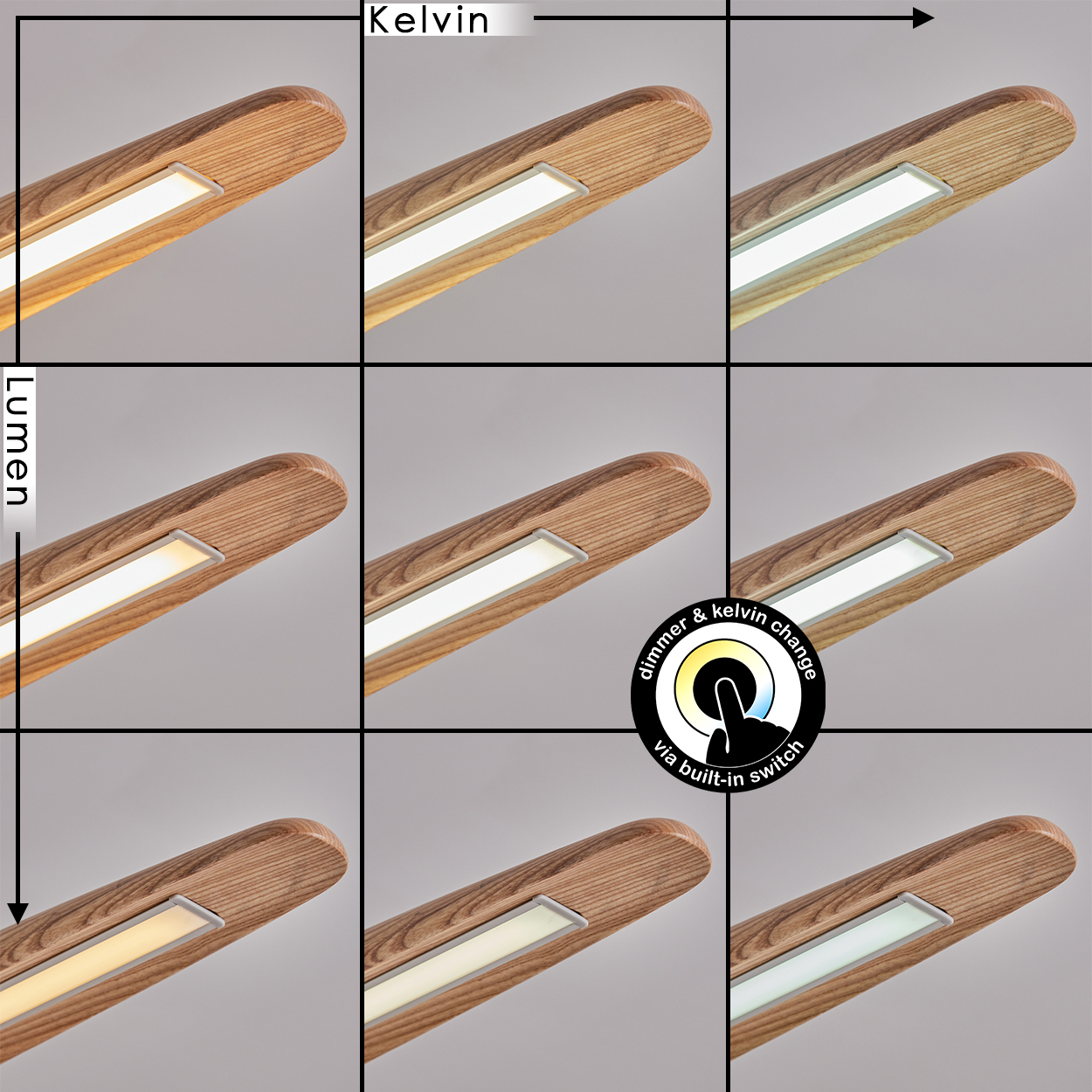 Neun Bilder einer Holzlampe mit verschiedenen Lichteinstellungen. Das Licht ändert sich in Farbtemperatur (Kelvin) und Helligkeit (Lumen).